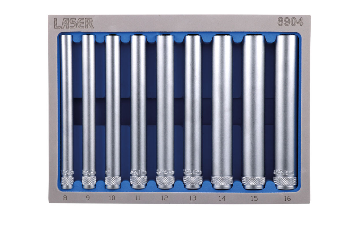 Extra Long Socket Set 1/4″D 9 Pce Set 8mm – 16mm Single Hex 6 Point Sockets