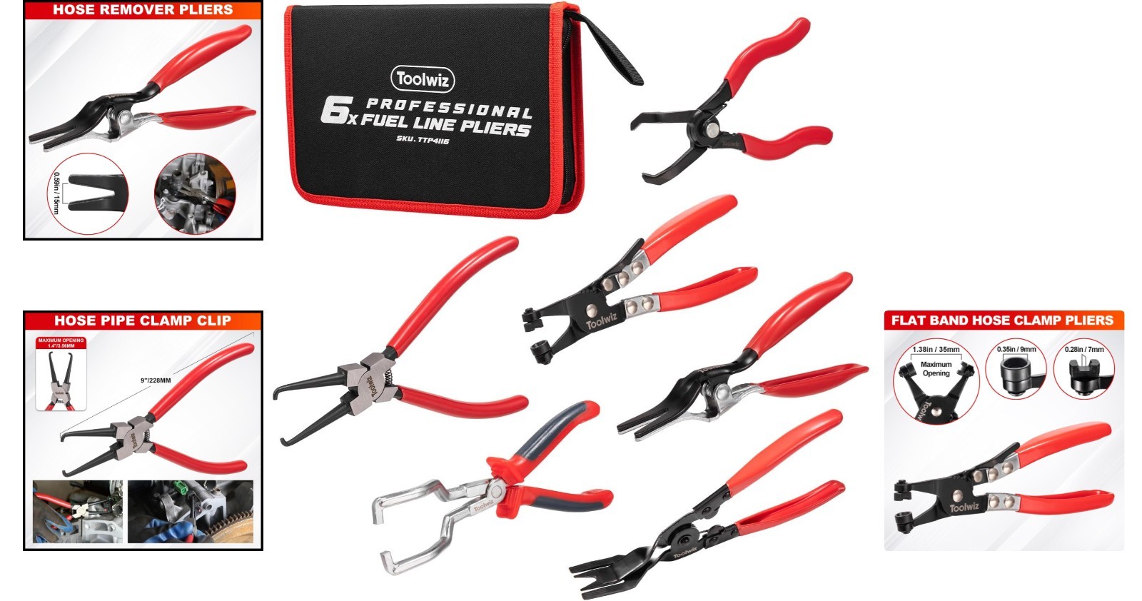 6-Piece Heavy-Duty Fuel Line Pliers Set with Ergonomic Handles & Storage Bag