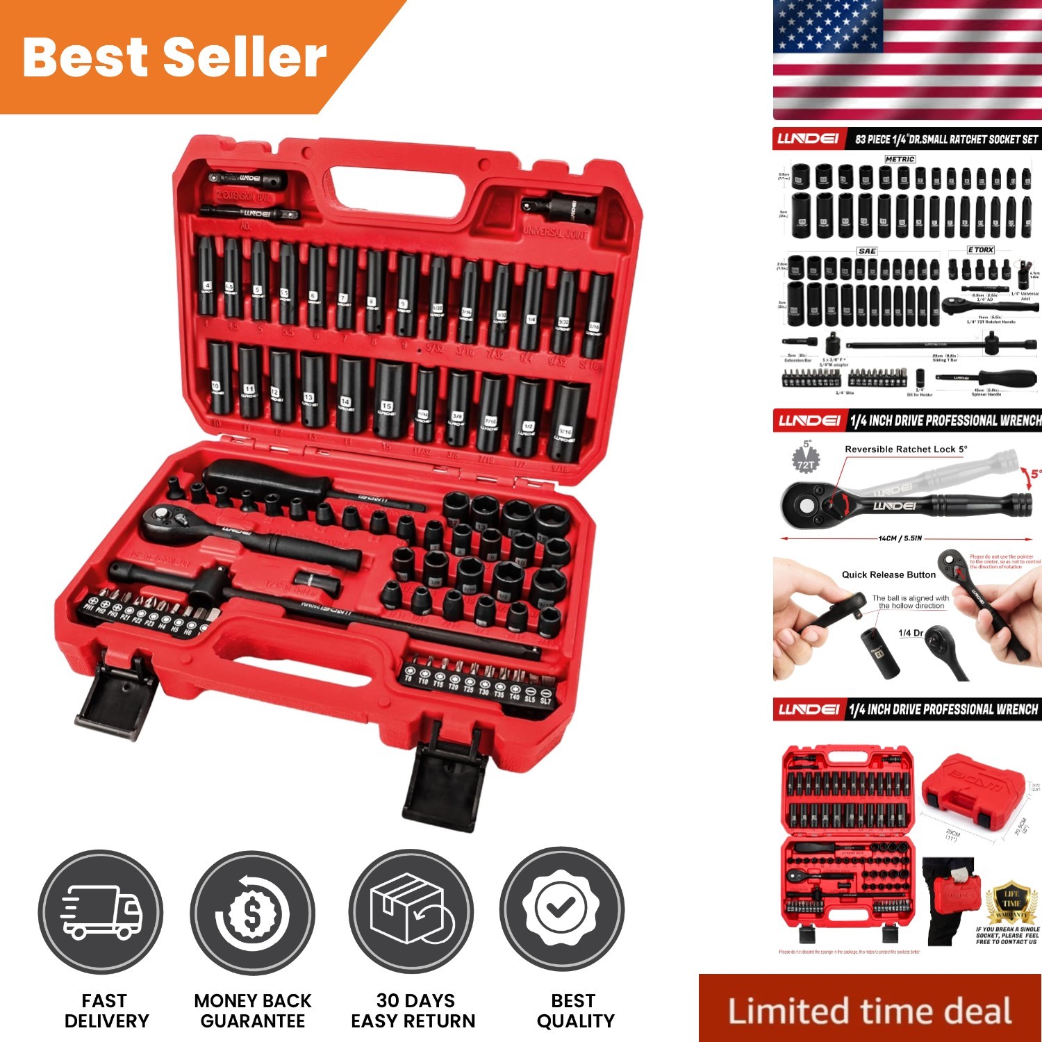 Comprehensive 83-Piece Socket Set with 72T Ratchet and High-Visibility Markings
