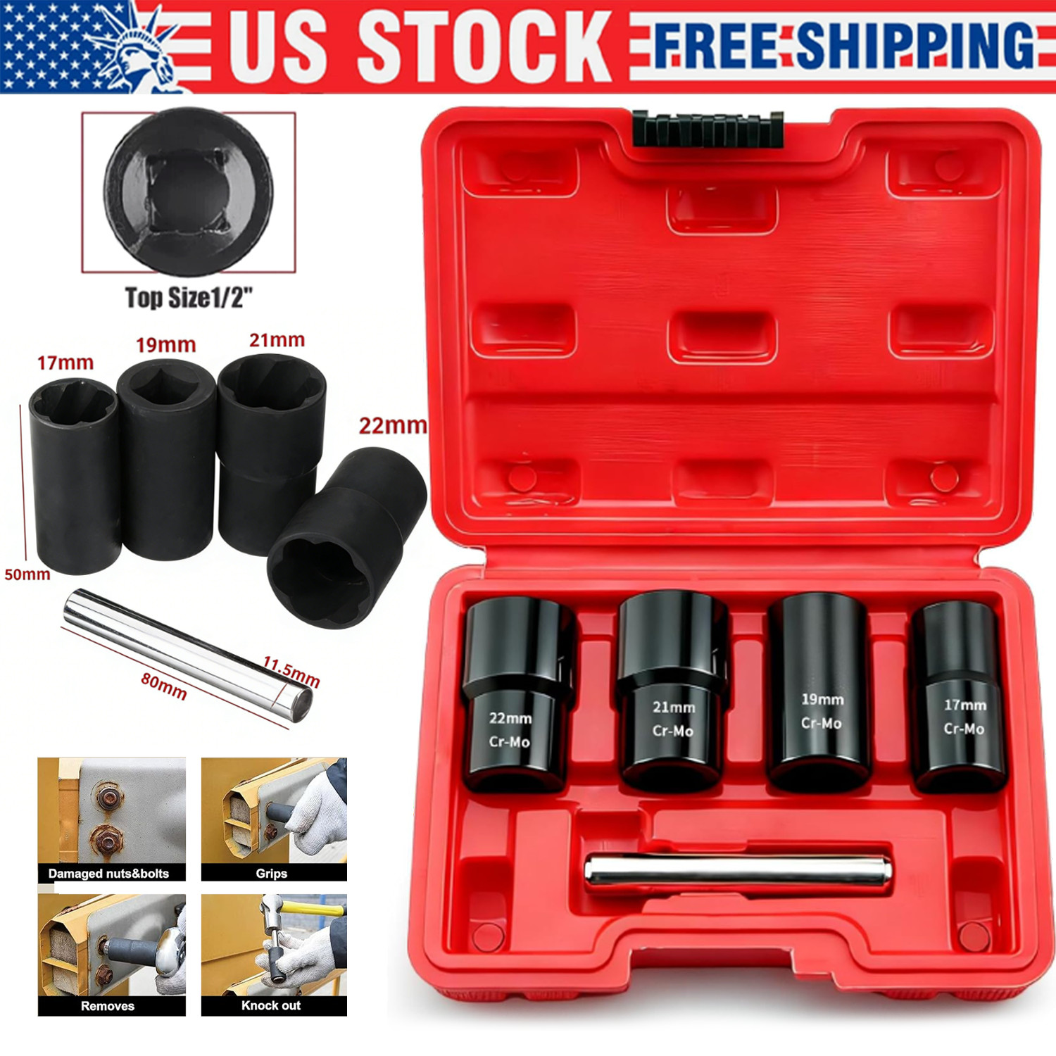 5Pc 1/2″ Twist Socket Drive Wheel Lug Nut Damaged,Stripped Remover 17 19 21 22mm