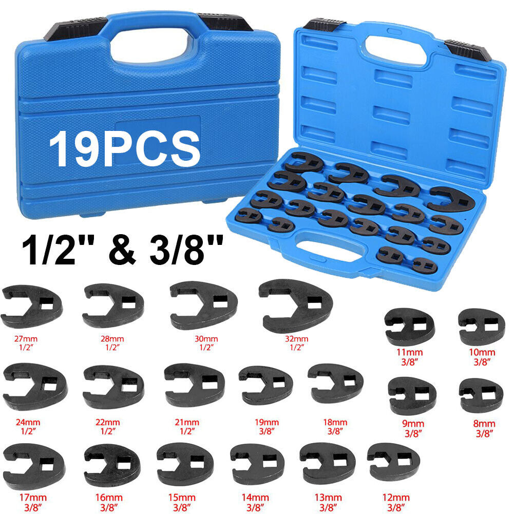 19x Metric Crowfoot Wrench Set 8-32mm 3/8″ 1/2″ Sq Drive Large Crow Foot Spanner