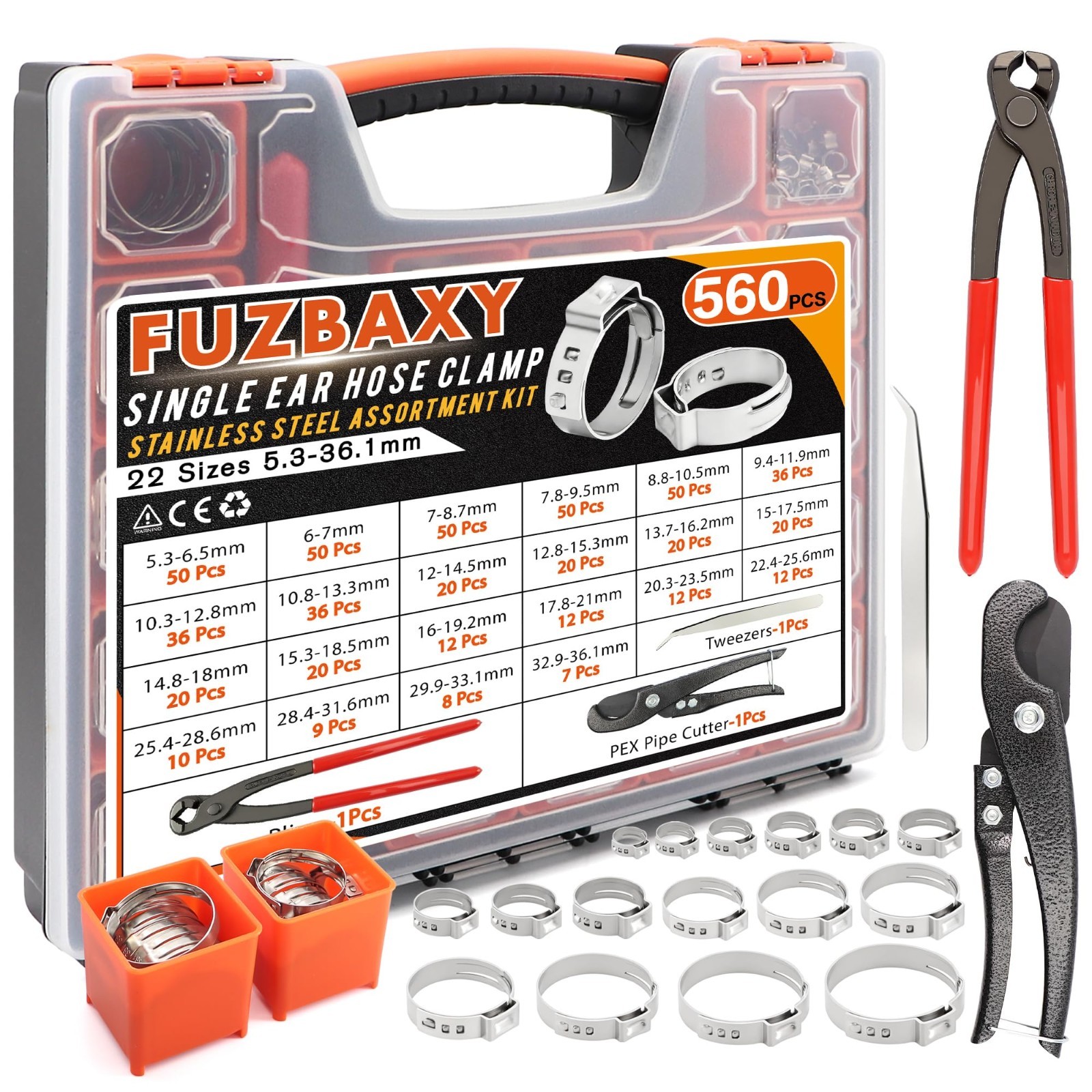 560PCS 22 Sizes Stainless Steel Hose Clamps Kit with Pliers for Plumbing, Fuel L