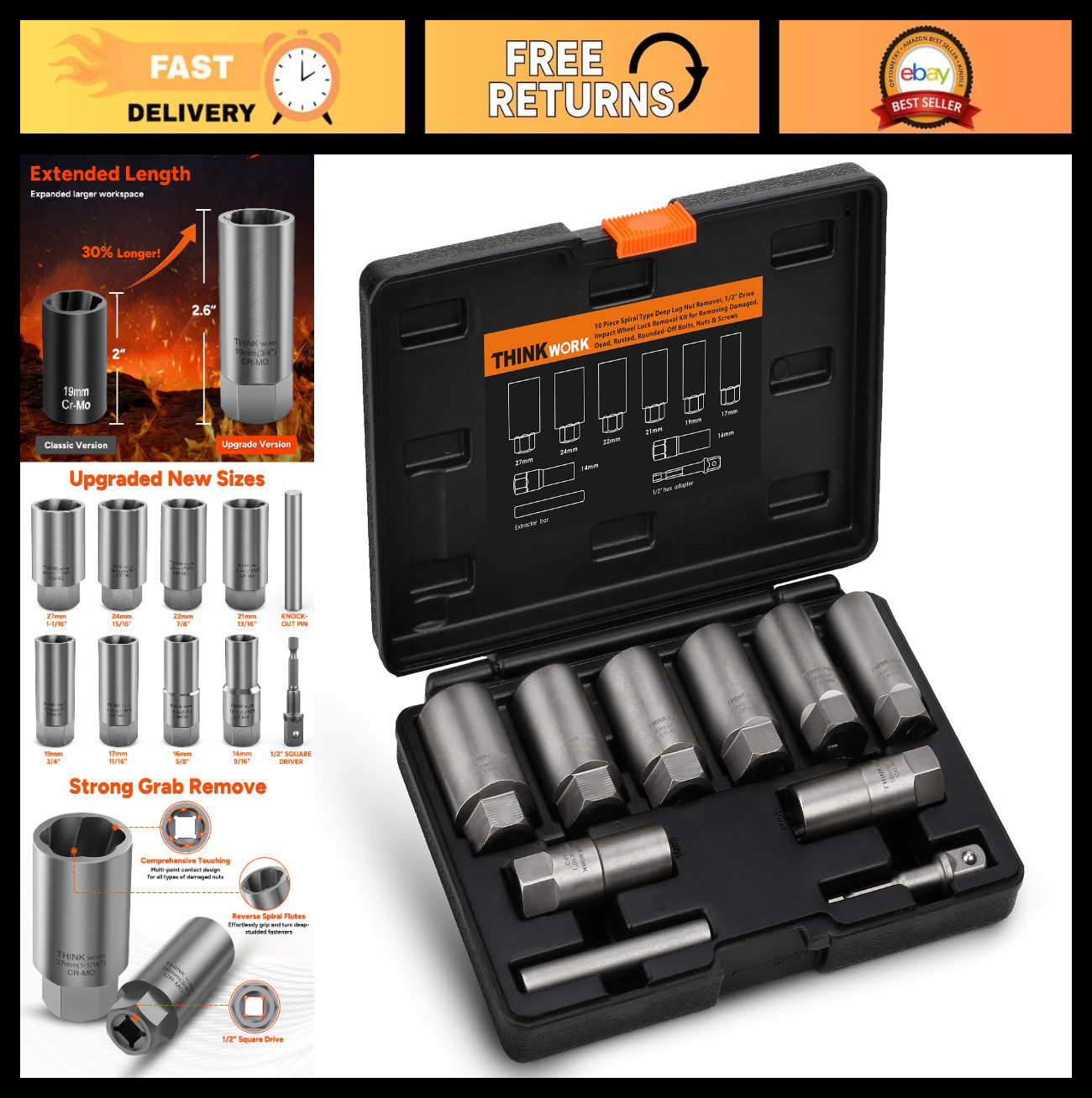 10-Piece Lug Nut Extractor Set, 1/2″ Drive, for Damaged/Rusted Fasteners, 14-27m