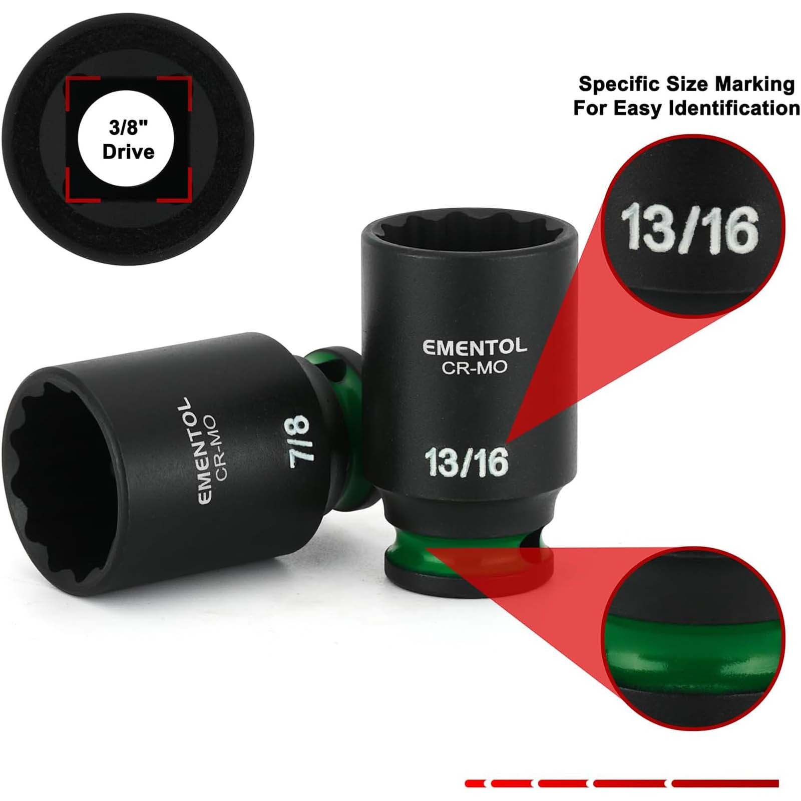 12PCS 3/8″ Drive Impact Socket Set Semi-Deep Sockets Standard SAE 5/16″-1″ CR-MO