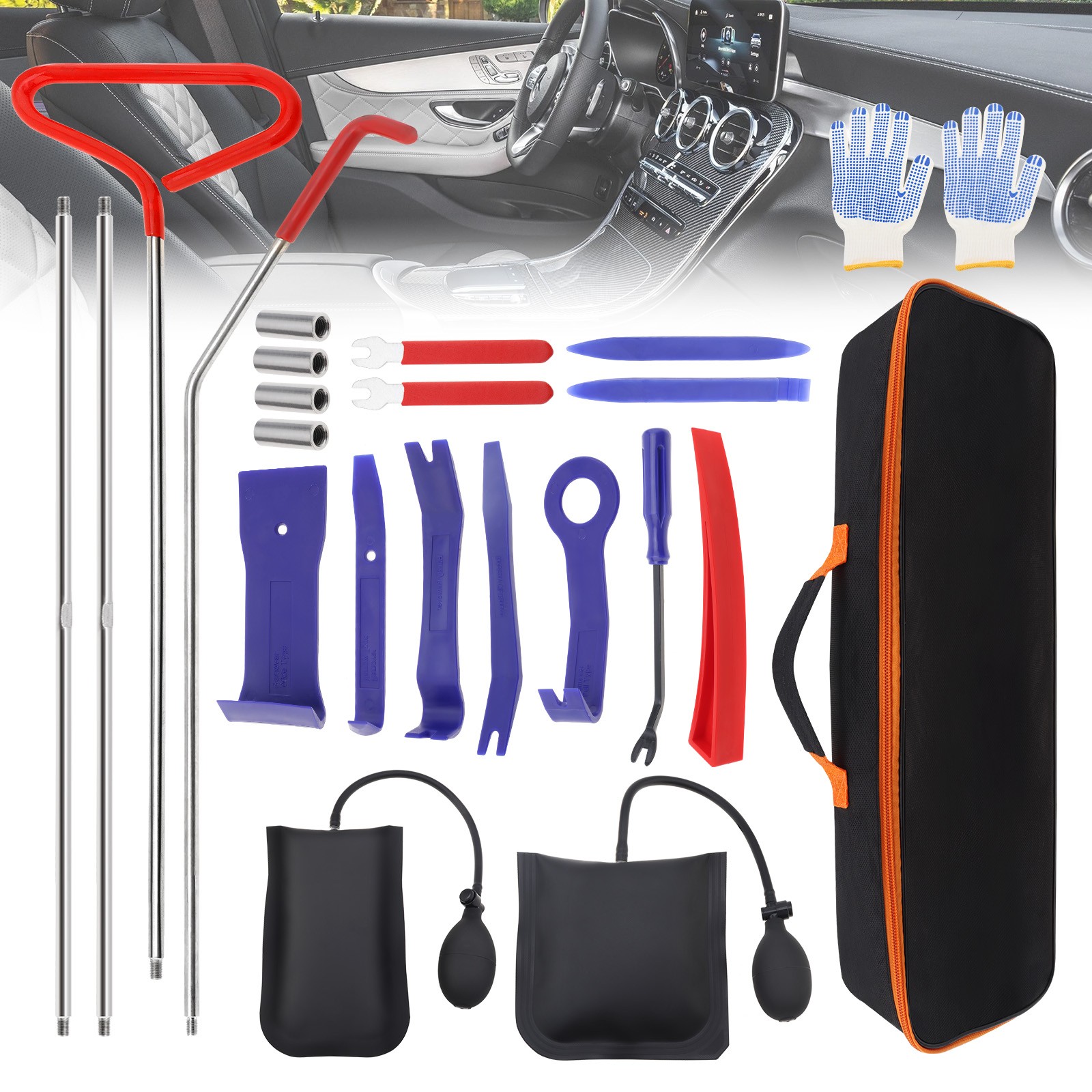 Car Tool Kit, 65 Inch Pull, 24 Pieces Puller, Stainless Steel Car Lockout Kit