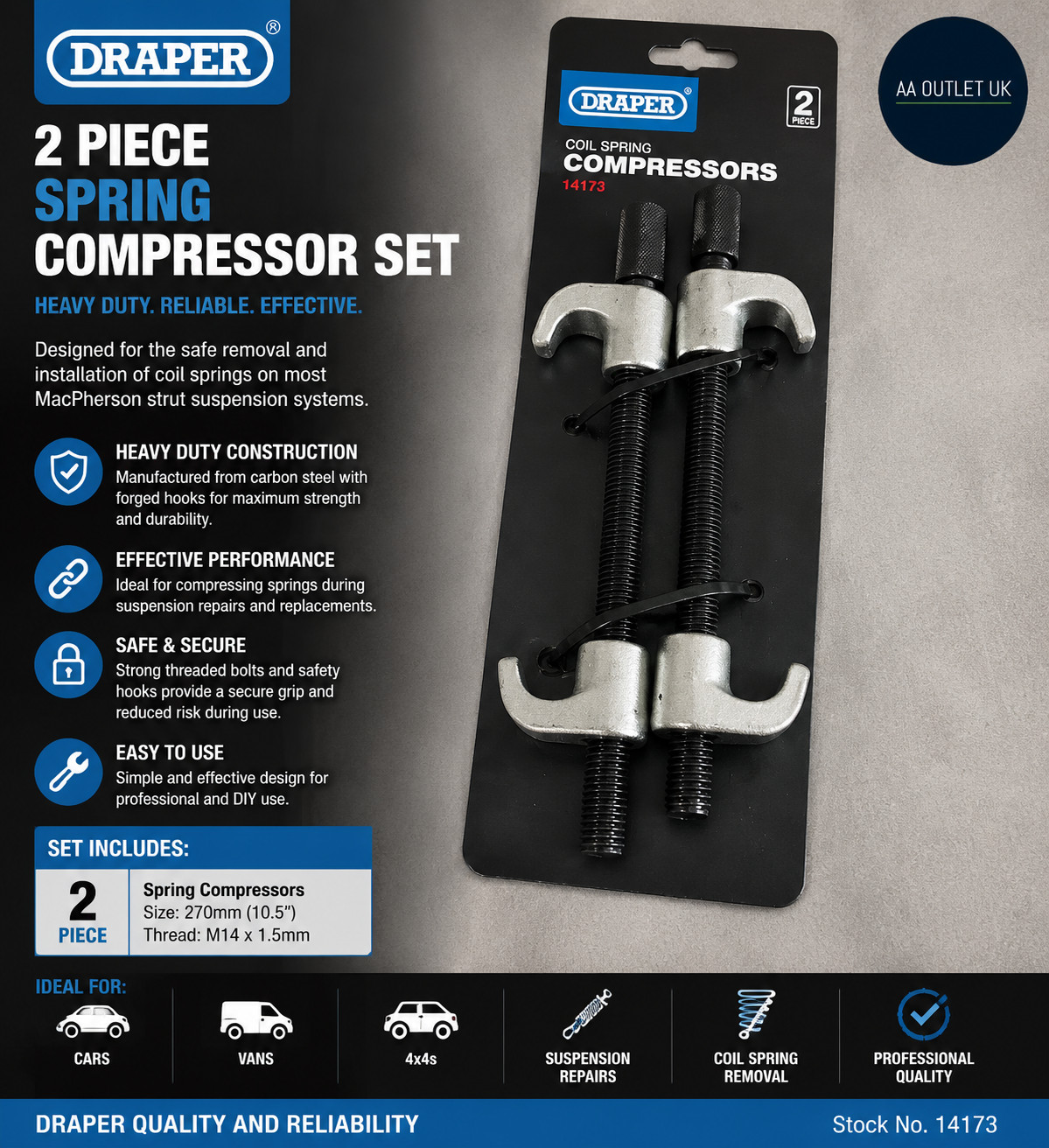 Draper 14173 Spring Compressor Set 2 Pieces Silver Coil Suspension Tool Design