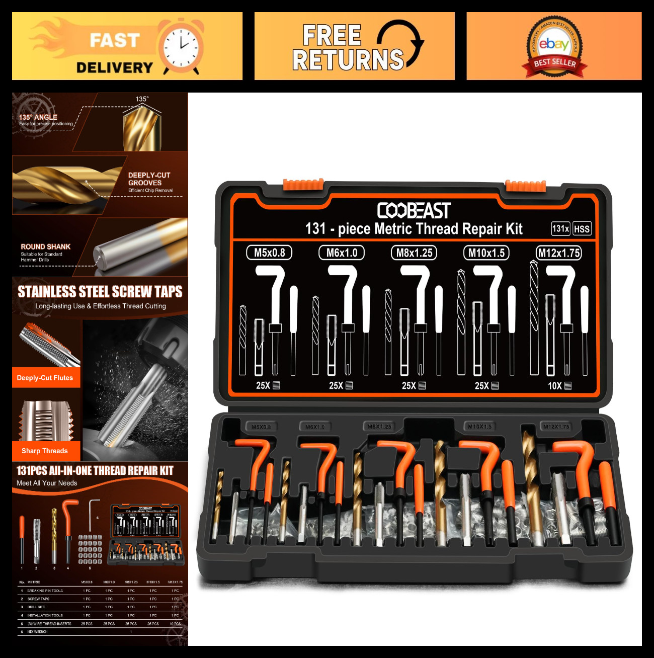 131-Piece Thread Repair Kit – HSS Drills, Inserts, Taps for M5 M6 M8 M10 M12