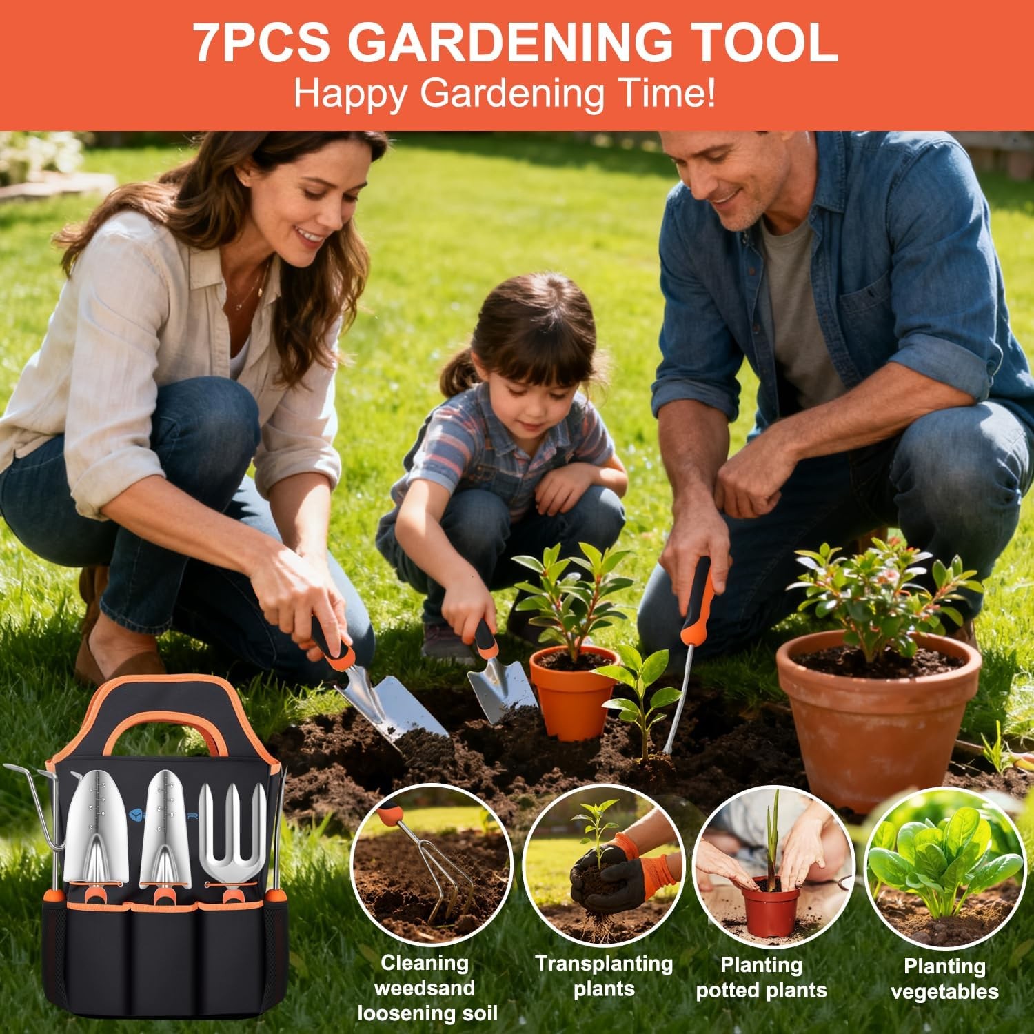 7-Piece Garden Tool Set Gardening Tools Non-Slip Ergonomic Handle Black Orange