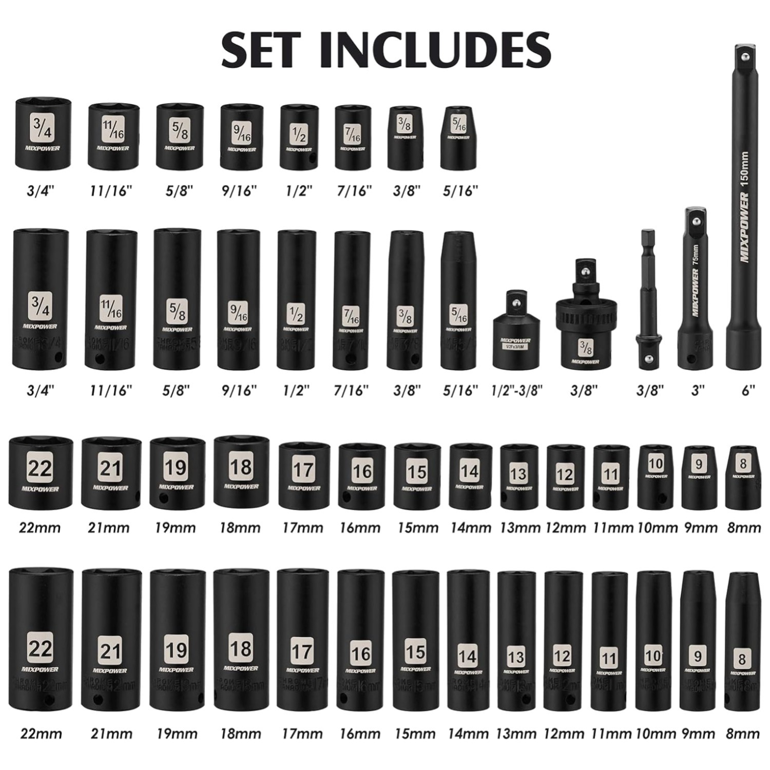 49-Piece Deep Impact Socket Set, 3/8″ Drive, Cr-V Steel