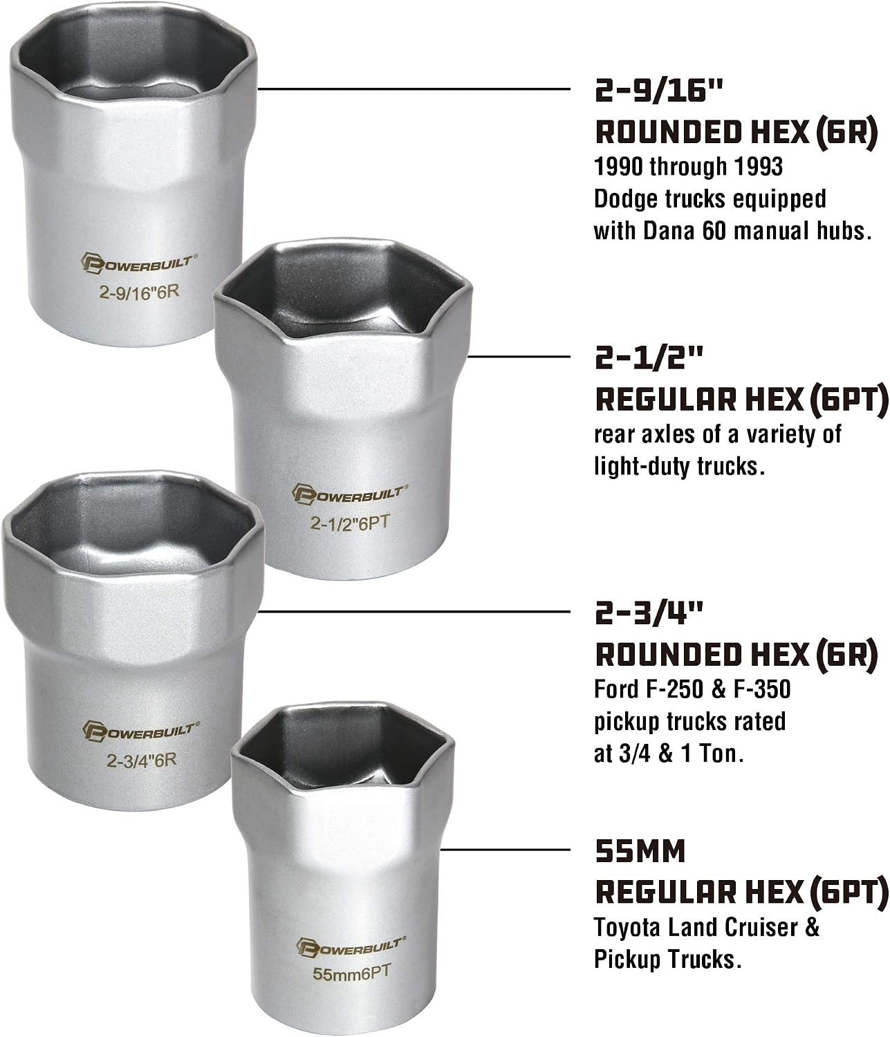 7-Piece Wheel Bearing Socket Set, Hex & Rounded Hex, Silver