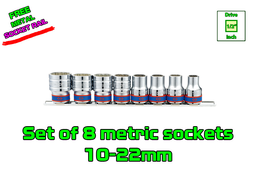 Set of 8 pcs 1/2” Drive 6 Point Metric Standard Sockets 10-22mm Size 6pt 1/2inch