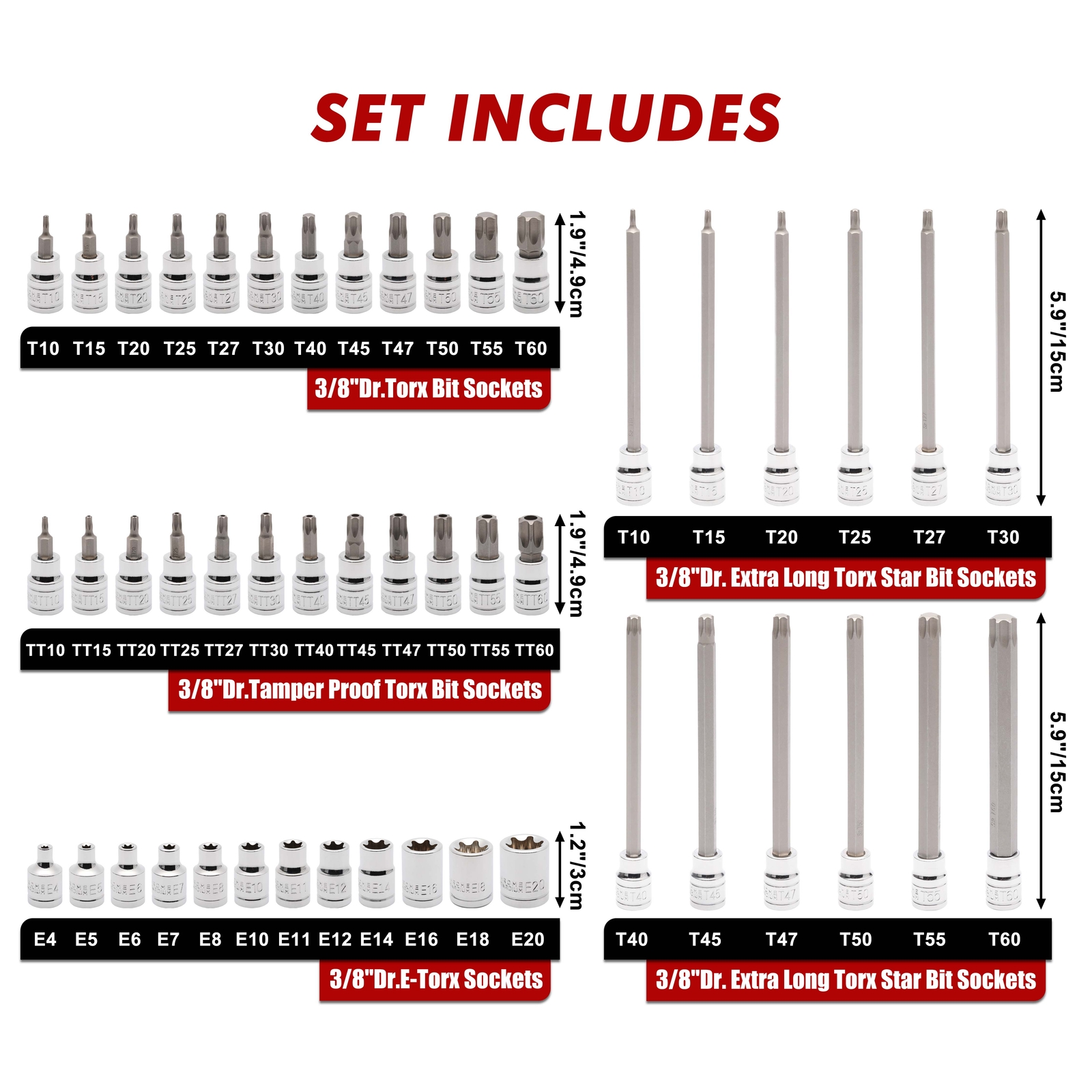 48PCS 3/8″Drive Master Torx Bit Socket and External Torx Socket Set Deep Shallow