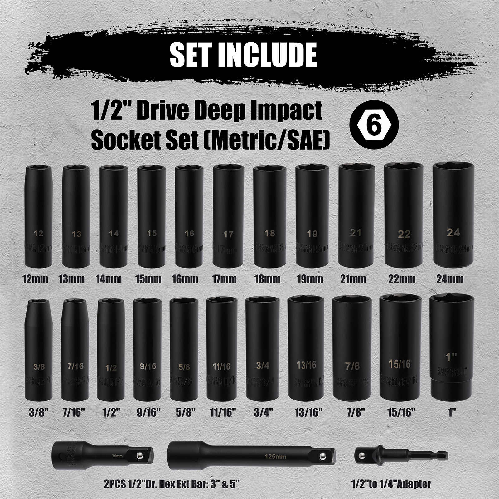 5PCS 1/2″ Drive Impact Socket Set Deep Cr-V Steel 6Point Metric&SAE 12mm to 24mm