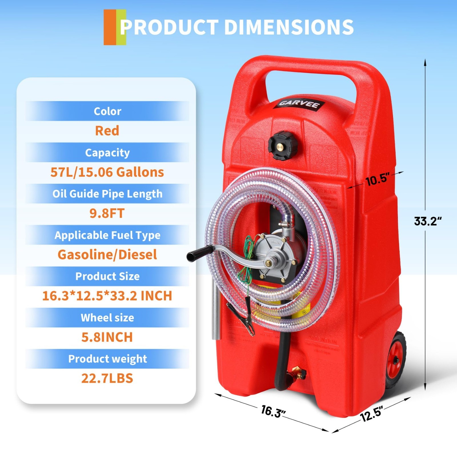 Portable Fuel Tank 15 Gallon with Pump Rubber Tires Gas Caddy Lawn Mower Tool