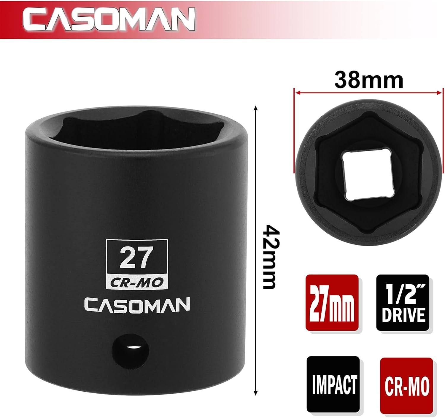 Durable 27mm 6-Point Impact Socket, 1/2 Inch Drive, Corrosion-Resistant Finish