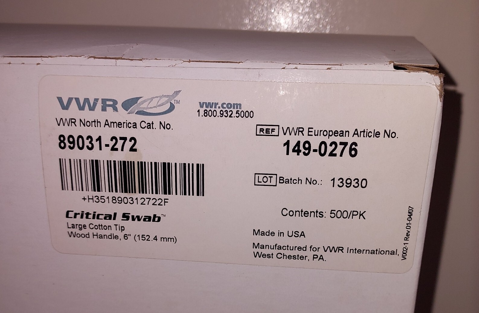 VWR 89031-272 Critical Swab, Large Cotton Head, Wood Handle, 6″ (500/PK)