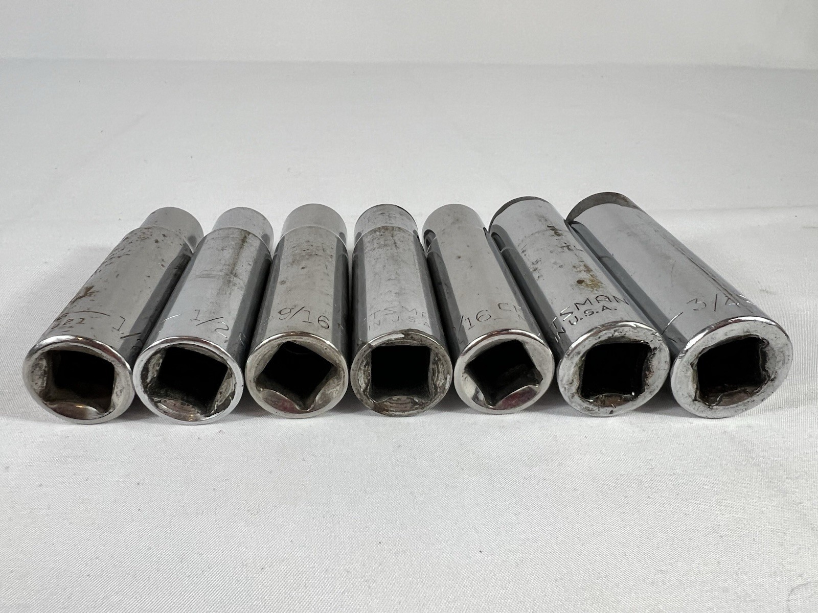 Lot Of 7 Craftsman Deep SAE 3 1/2” Tall Sockets, Various Sockets From 1/2 To 3/4