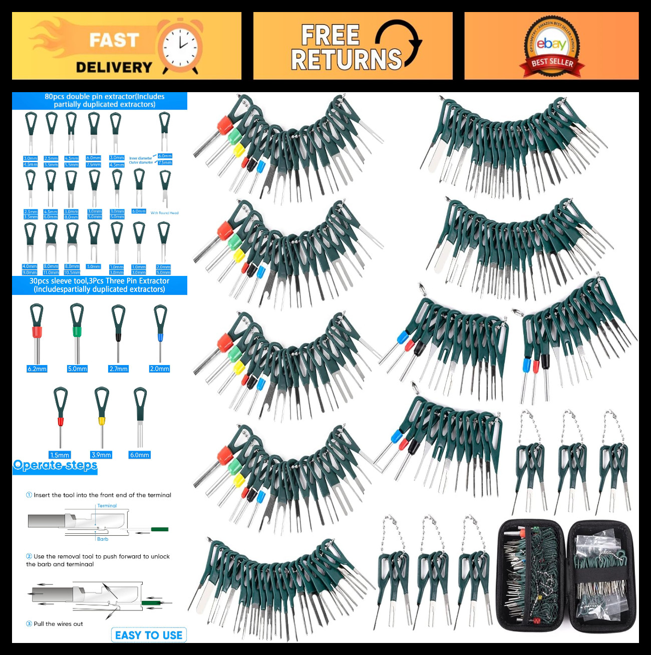 172 Pcs Terminal Removal Tool Kit – Electrical Connector Pin Extractor Set for C