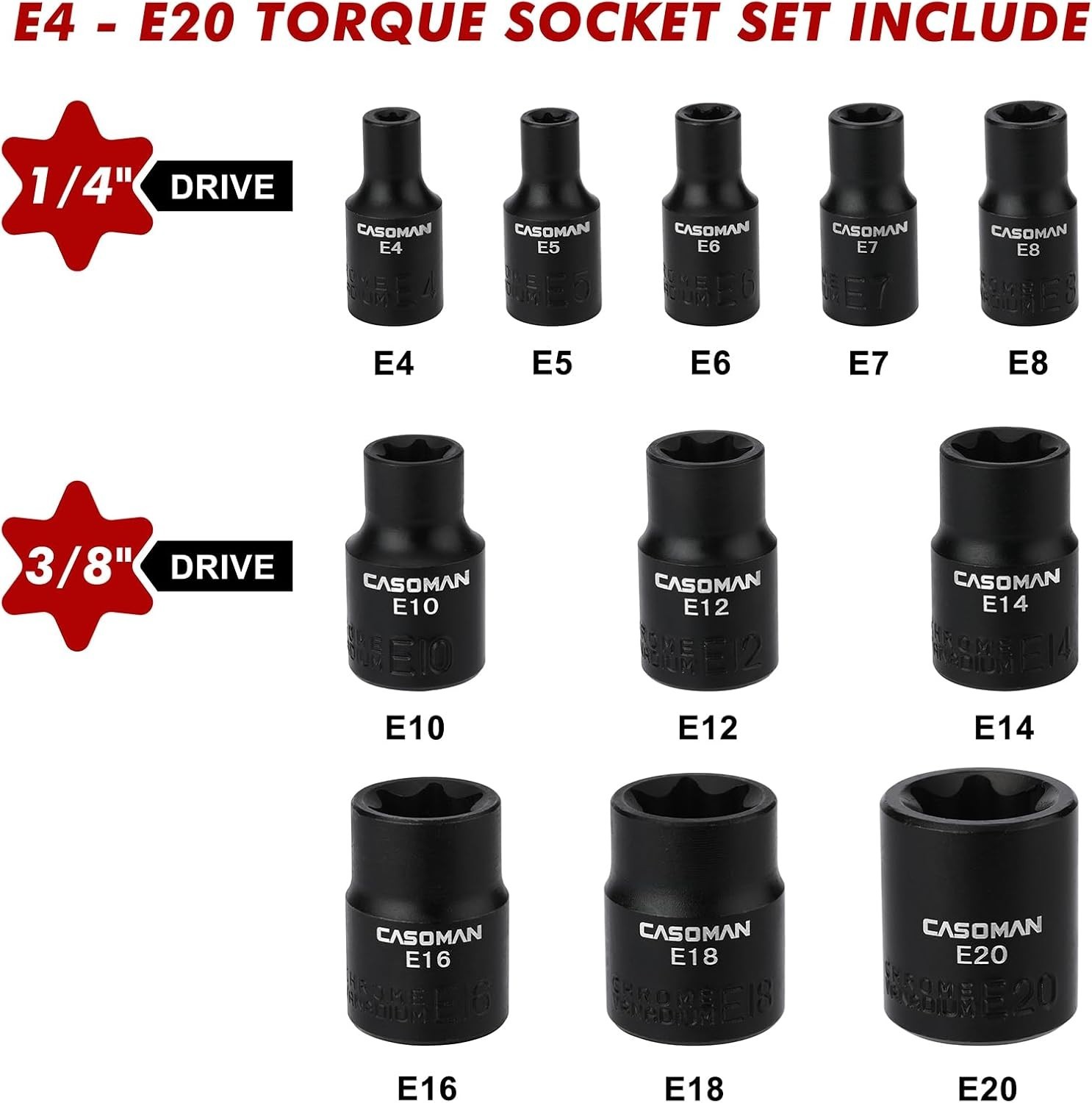 11PCS Chrome Vanadium Female Torx & Star Socket Set with Clip-On Rail E4-E20