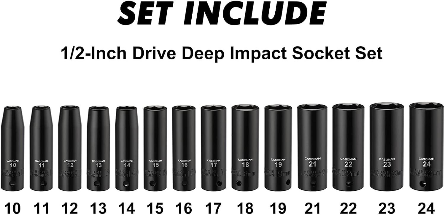 Durable 1/2-Inch Drive Metric Deep Impact Socket Set, 10mm to 24mm, 14-Piece