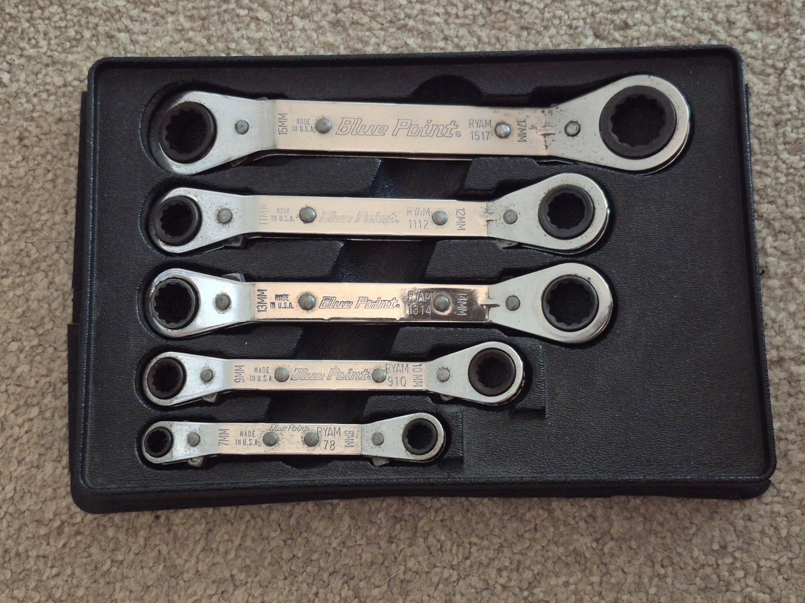 Blue-Point RBYAM605, 5-pc 12-pt 25° Offset Ratcheting Box Wrench Set 7mm – 17mm