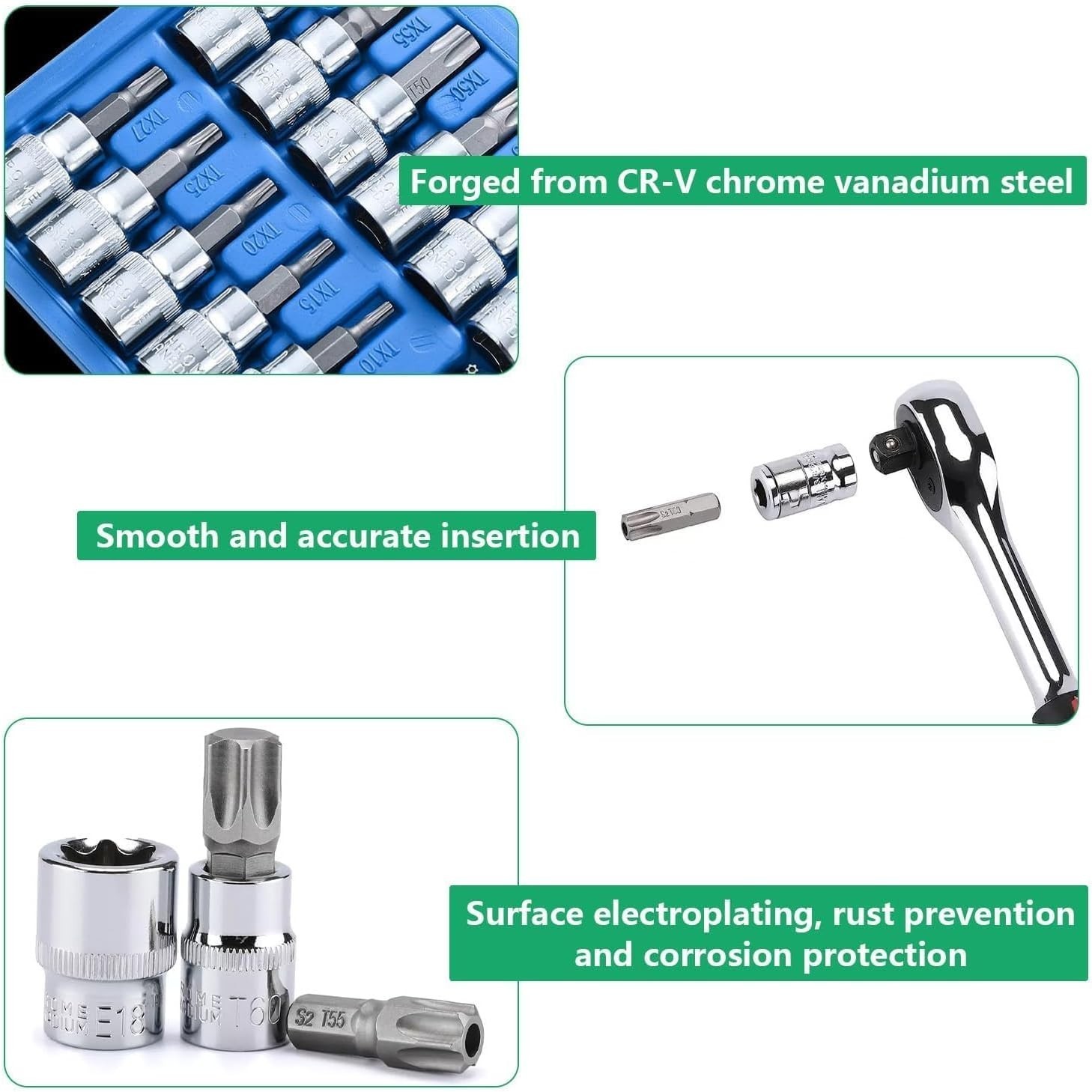 34pcs Torx Star Sockets & Bit Set for Male Female E-torx Security Bits 3/8 Drive
