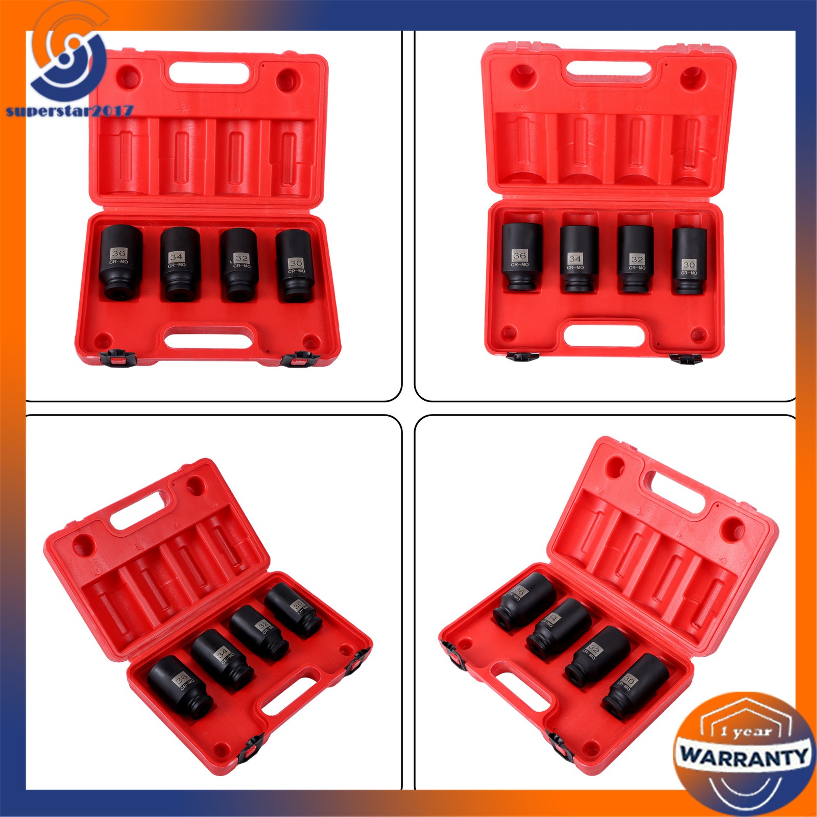4Pcs 12 Point 30mm 32mm 34mm 36mm 1/2″ Drive Spindle Axle Nut Socket Set