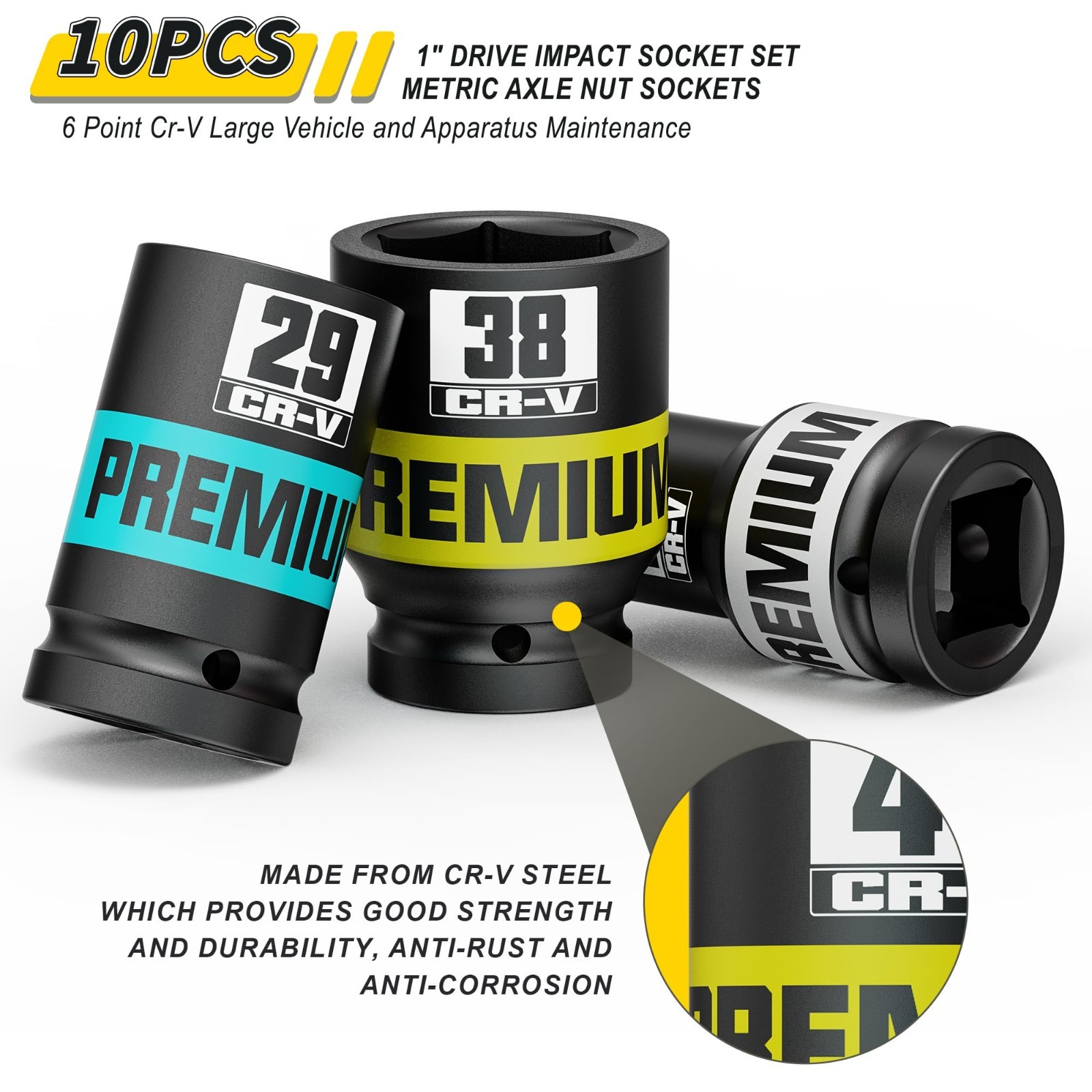 10-Piece 1″ Drive Impact Socket Set, Metric Axle Nut Sockets 21-41mm, 6 Point Cr