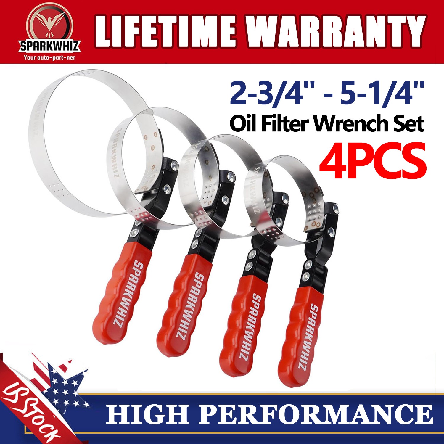 SPARKWHIZ Swivel Oil Filter Strap Removal Wrench Set 4 Piece 2-3/4″ 5-1/4″ New
