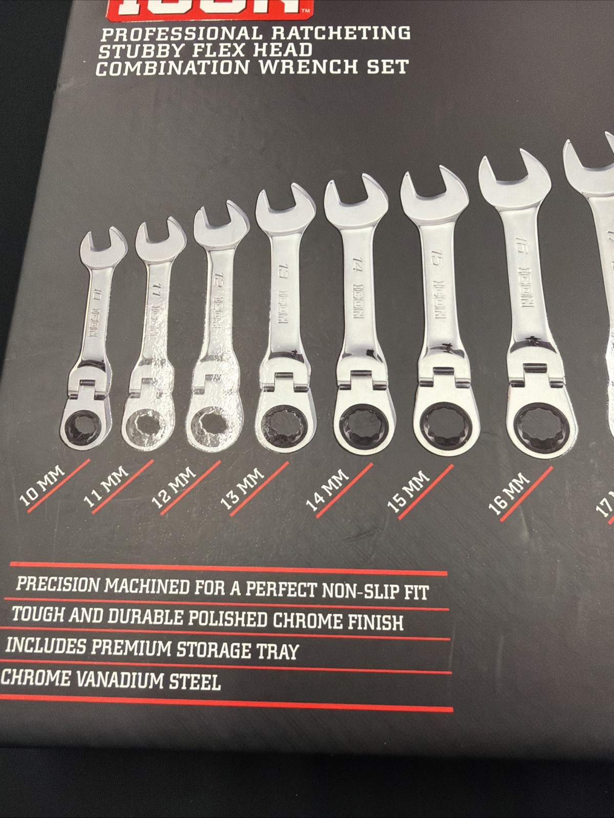 ICON WRSTFM-10 10 Piece Ratcheting Stubby Flex Head Wrench Set Metric 10-19mm
