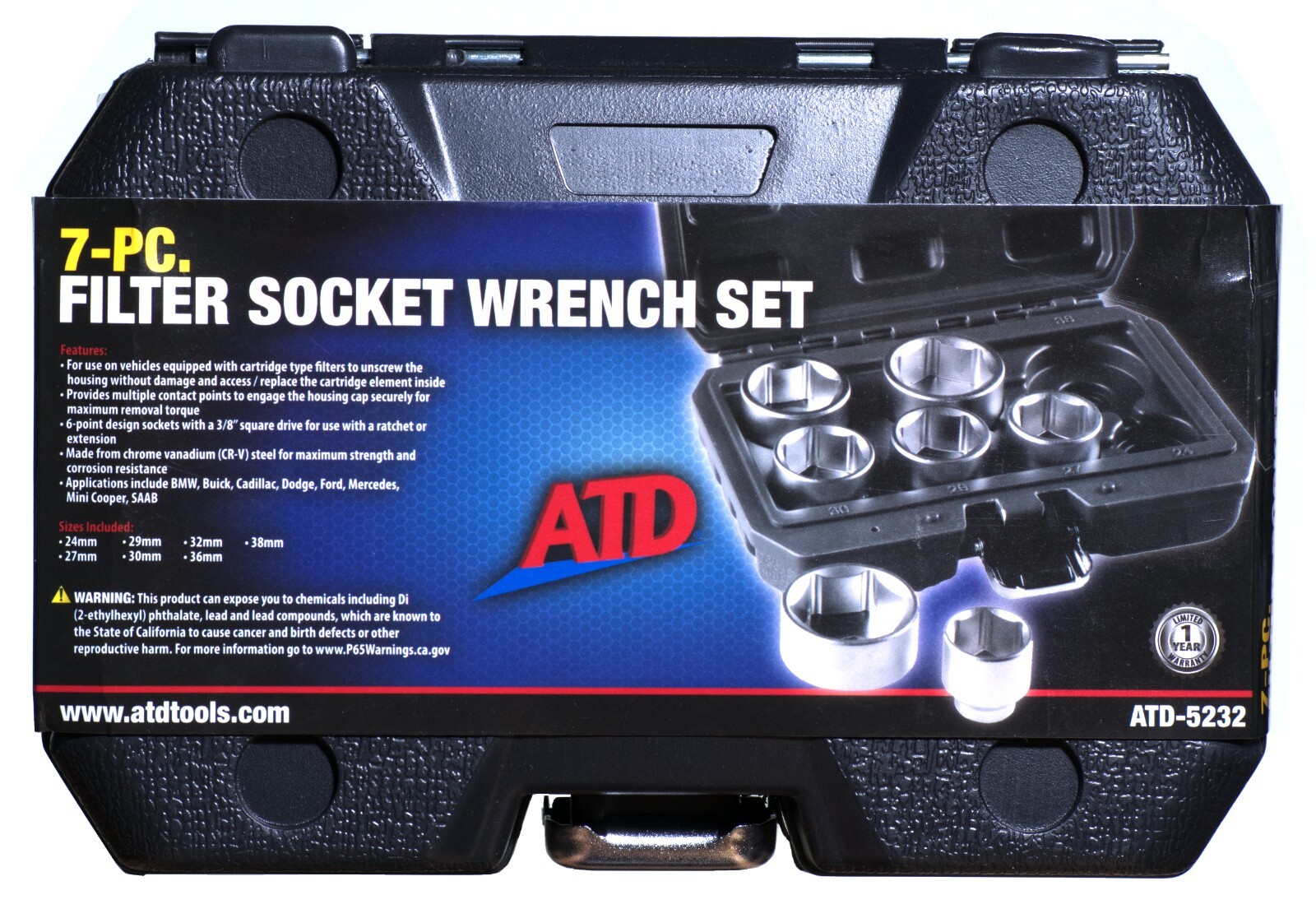 ATD 5232 – 7 Piece Filter Socket Wrench Set, 24mm – 38mm Chrome Vandium Wrenches