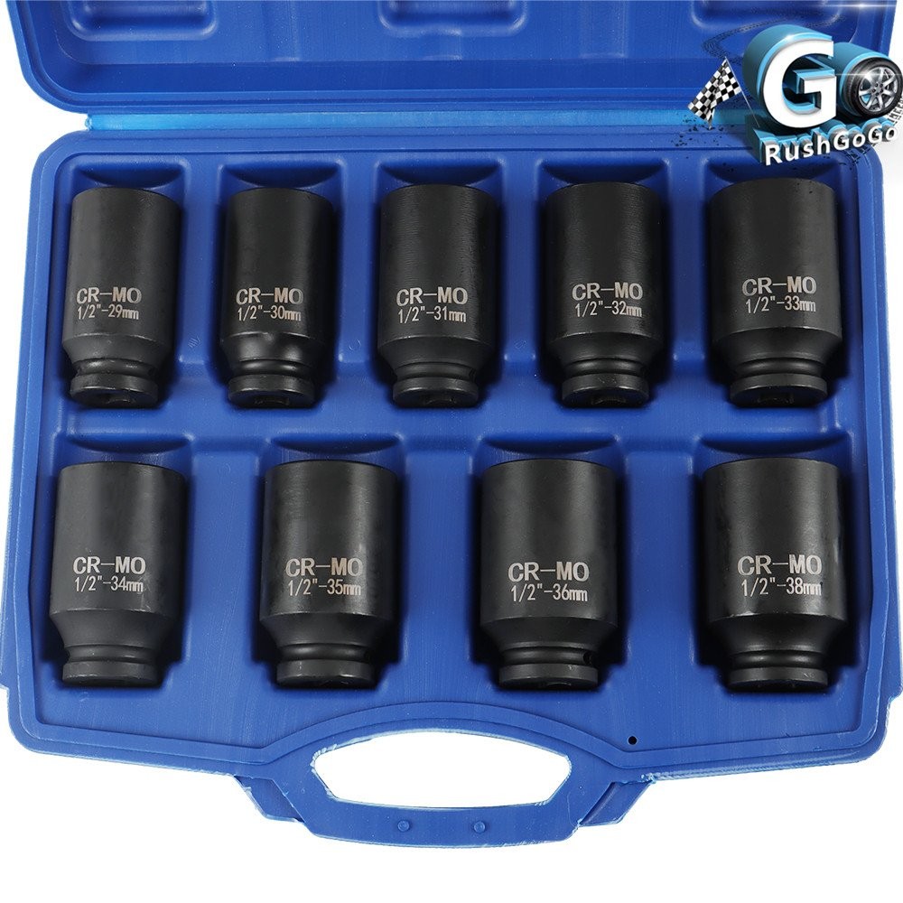 Deep Impact Socket Tool 9PCS Set 1/2″ Drive Metric Axle Hub Nut Socket 29-38mm