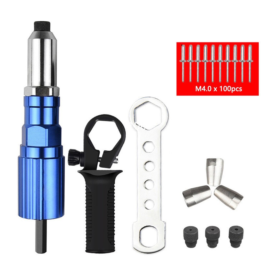 Electric Rivet Gun Adapter Cordless Drill Riveting Tool Kit w/ 100Pcs M4 Nails