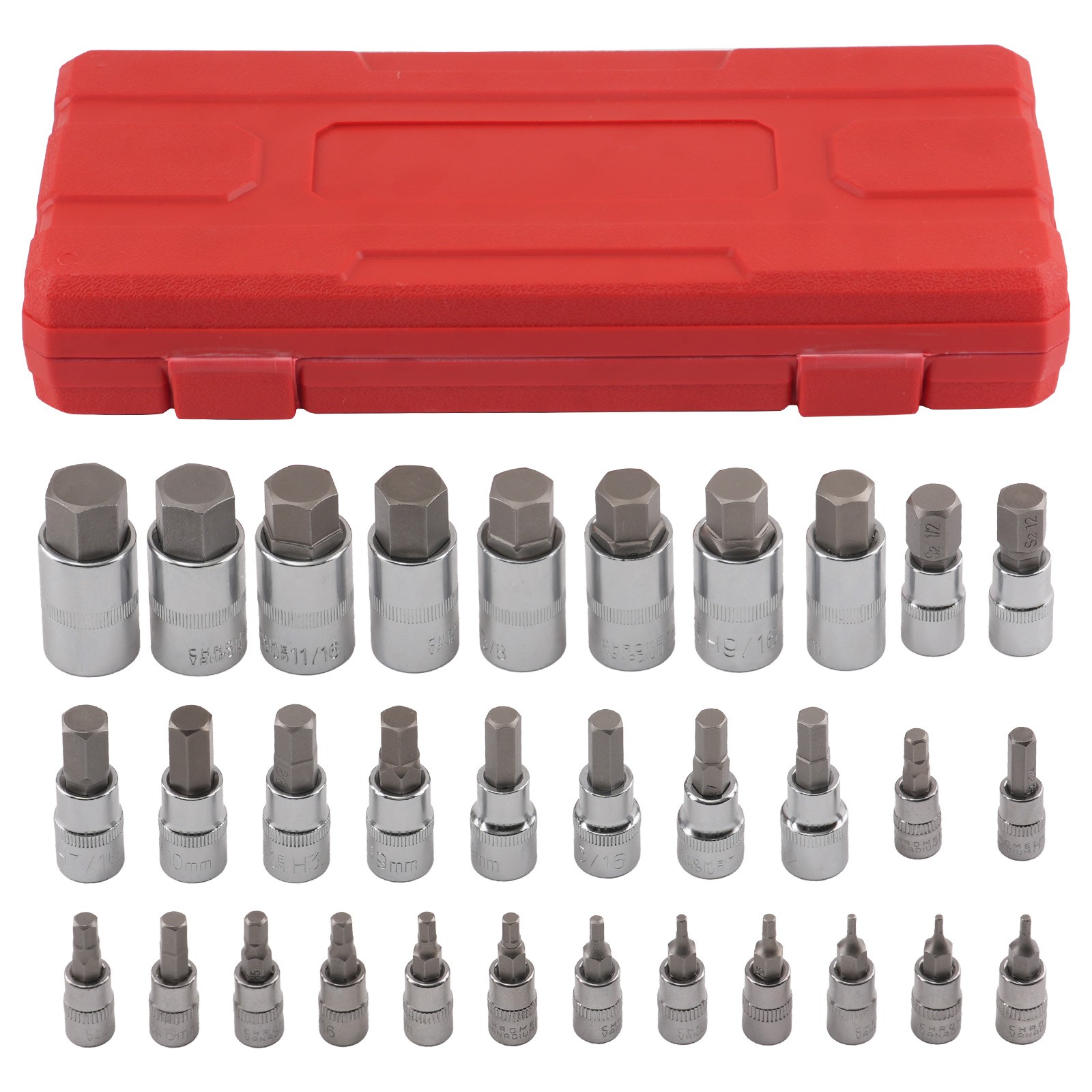 32pc Hex Bit Socket Set S2 Steel 1/4 3/8 1/2 in Drive Metric Imperial