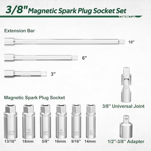 11-Piece Spark Plug Socket Set, 3/8″ Drive, SAE & Metric Sizes, Magnetic Tool &