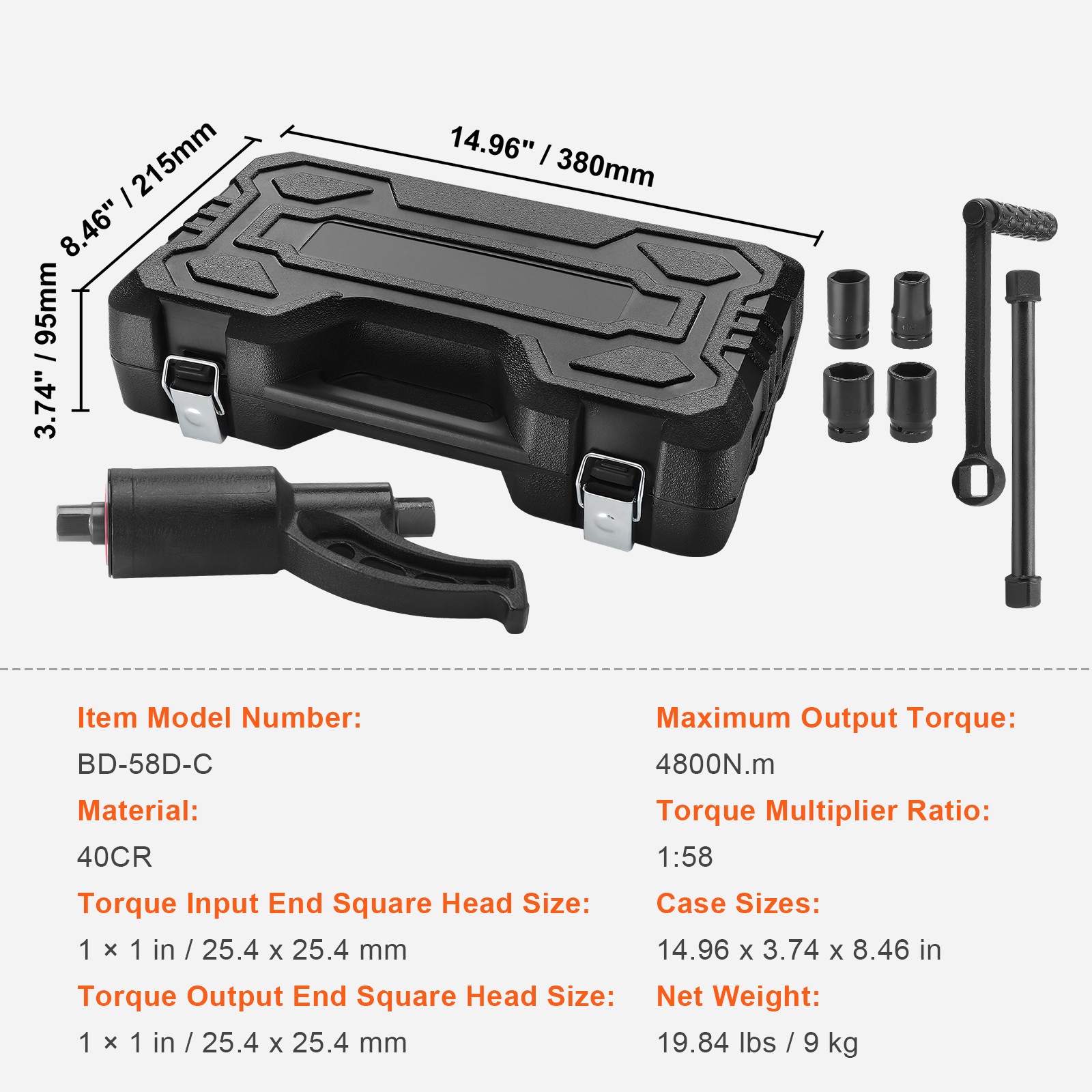 VEVOR Torque Multiplier Wrench Set 1″ Drive 1:58 Lug Nut Remover with 4 Sockets