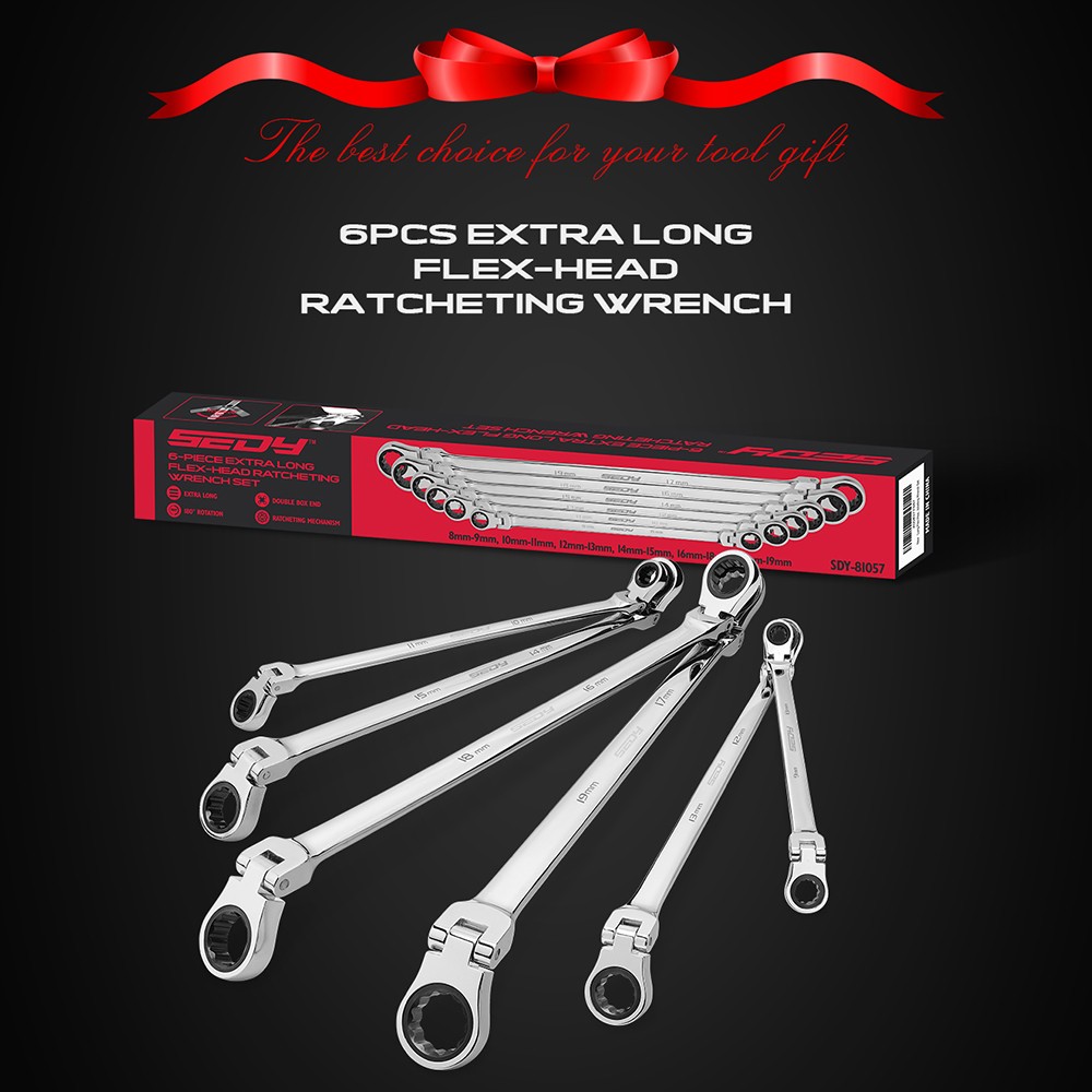 6PC Flex-Head Double Box End Ratcheting Wrenches Extra Long Metric Universal NEW