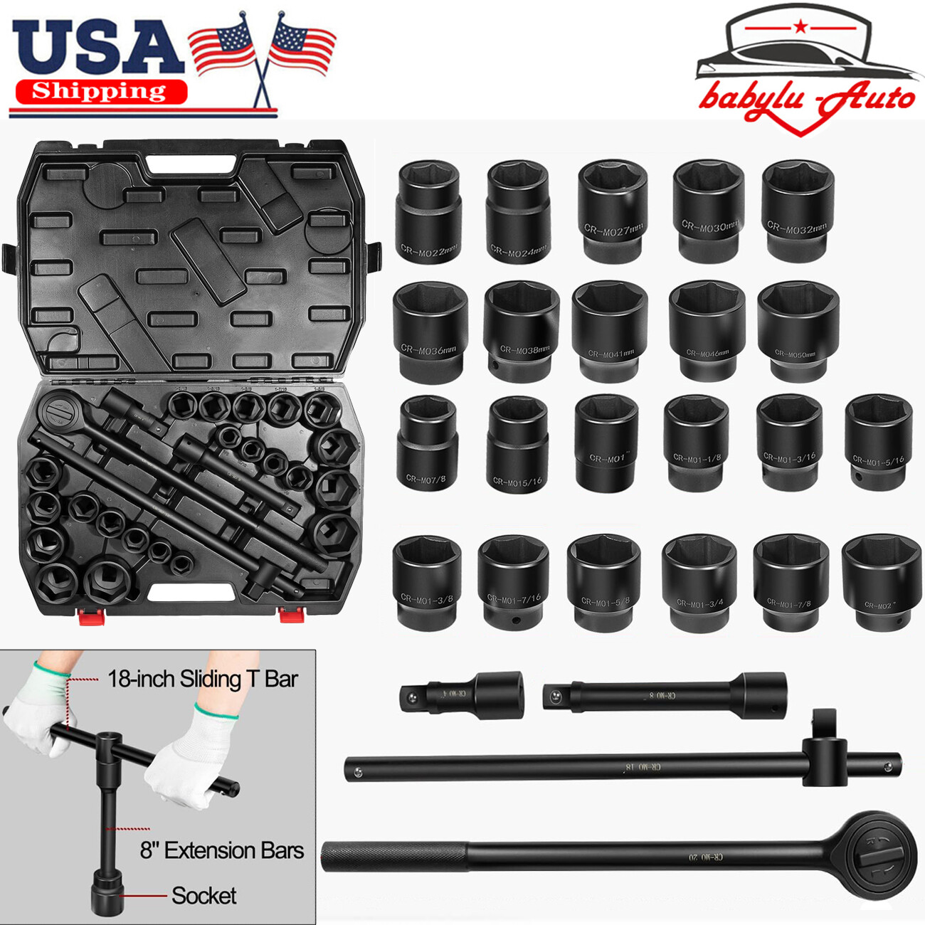 3/4″ Drive Jumbo Impact Socket Set 27PCS, SAE (7/8″-2″) and Metric (22mm-50mm)