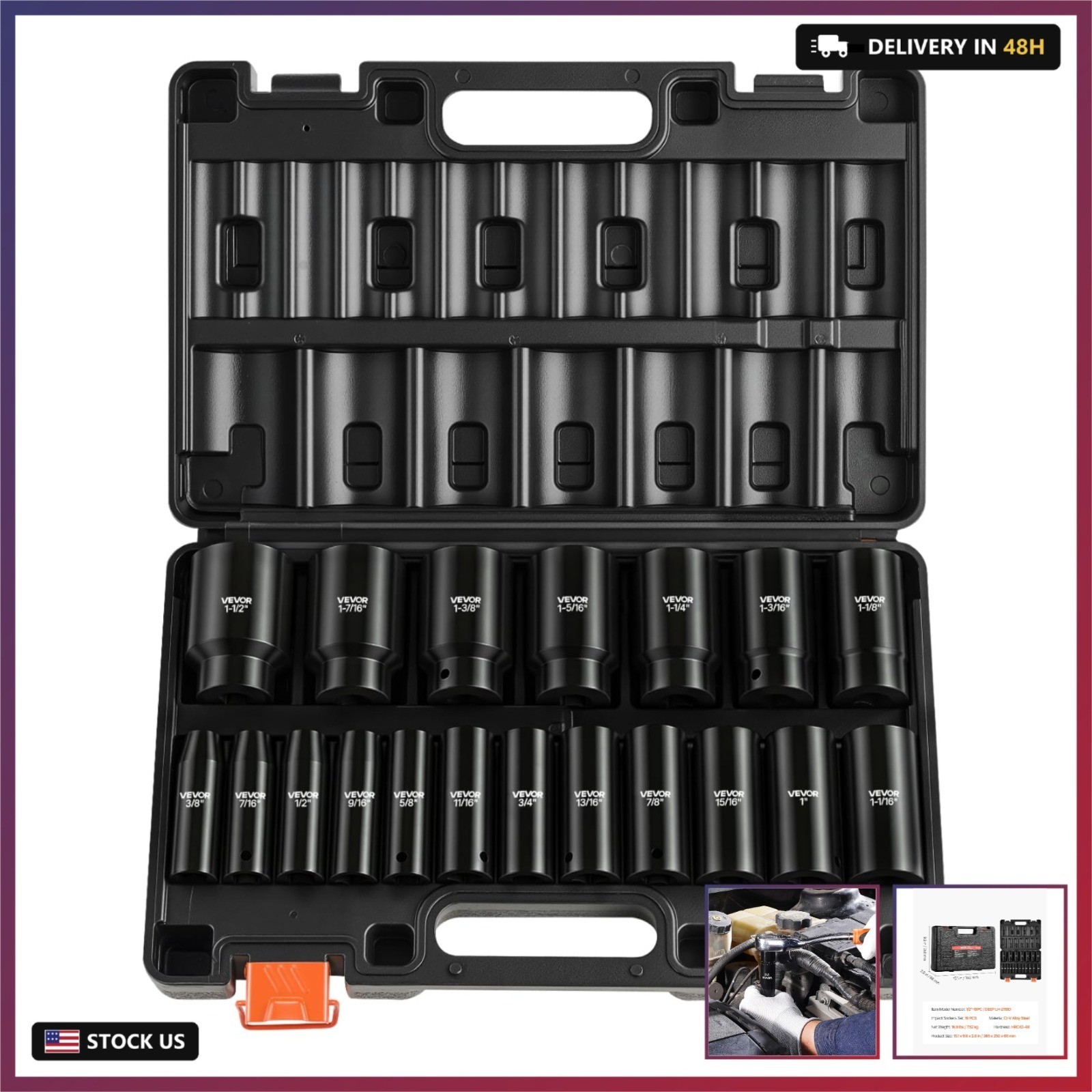 Impact Socket Set, 1/2″ 19 Piece Impact Sockets, Deep Socket, 6-Point Sockets, 1