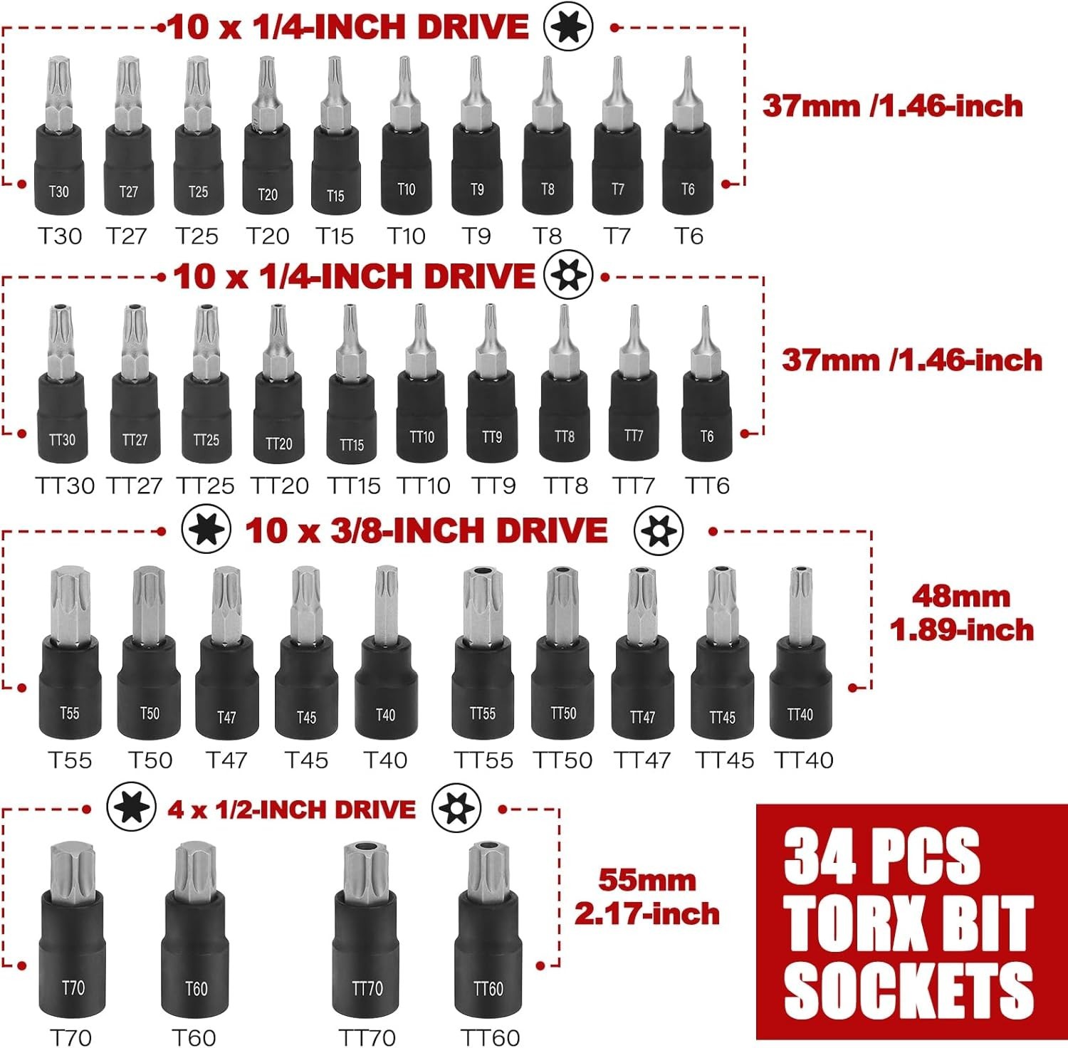 Juego de 34 puntas Torx, 1/4″, 3/8″ y 1/2″, juego de vasos de estrella sólida T6