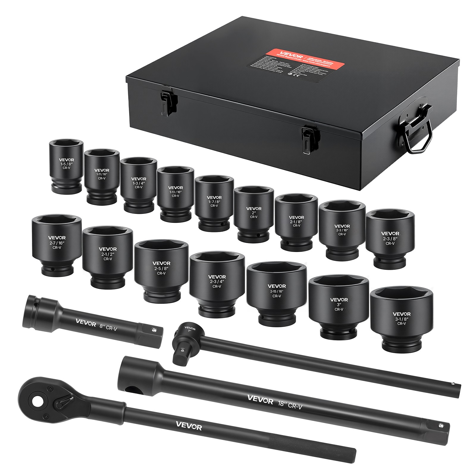 VEVOR 1 in Drive Impact Socket Set 21 Piece Shallow SAE 1-5/8 in to 3-1/8 in