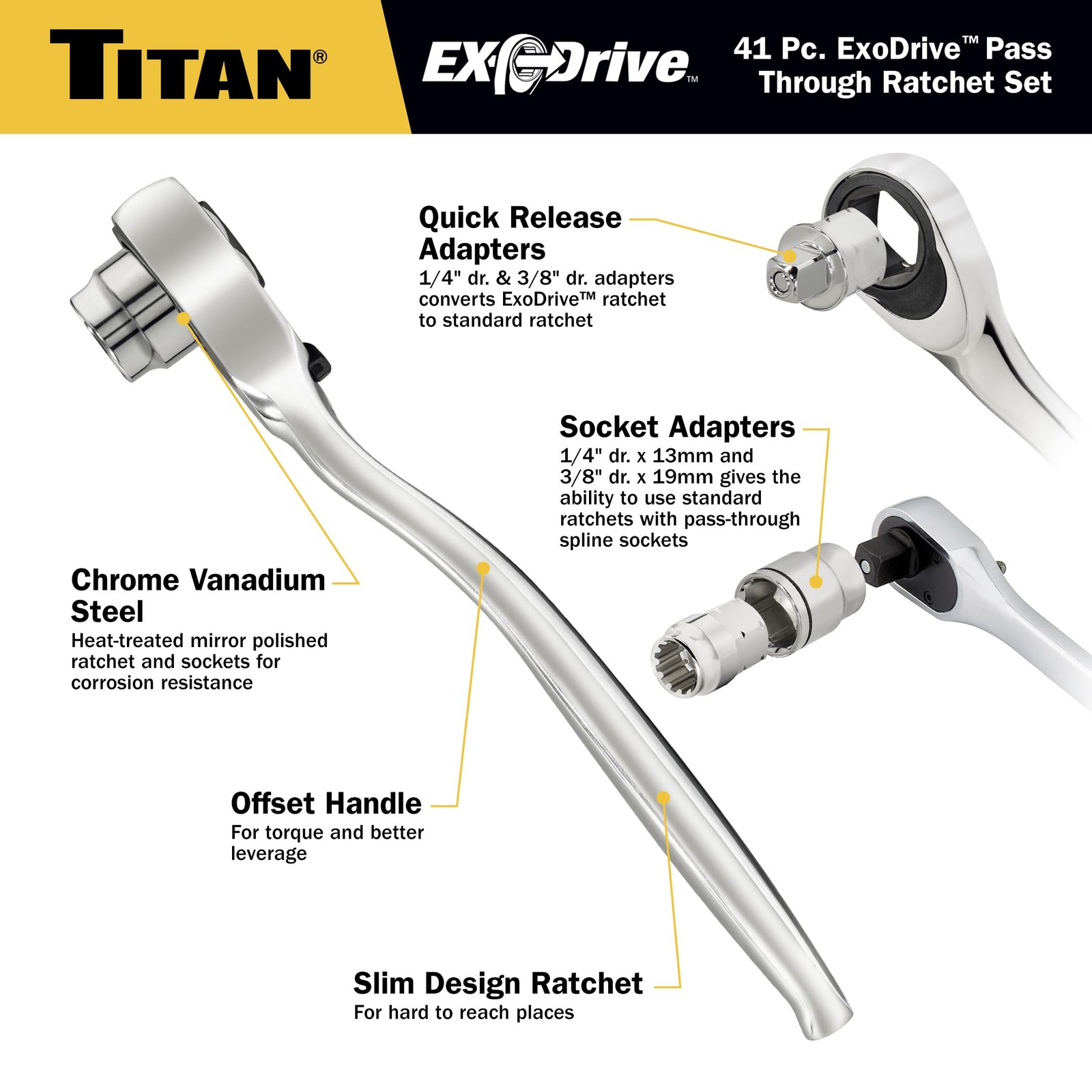 Titan 17441 1/4-Inch & 3/8-Inch Drive 41-Piece ExoDrive Set, Silver