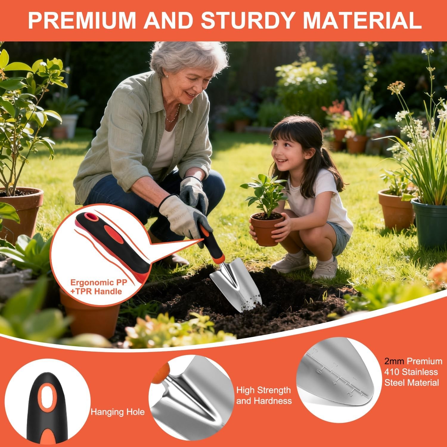 7-Piece Garden Tool Set Gardening Tools Non-Slip Ergonomic Handle Black Orange