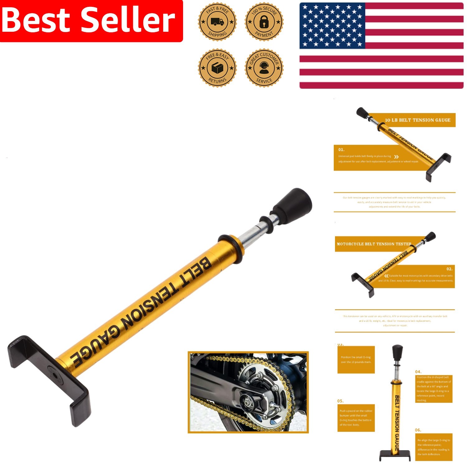 Belt Tension Gauge Tool Universal 10lb Adjustable Motorcycle ATV Vehicle Accu…