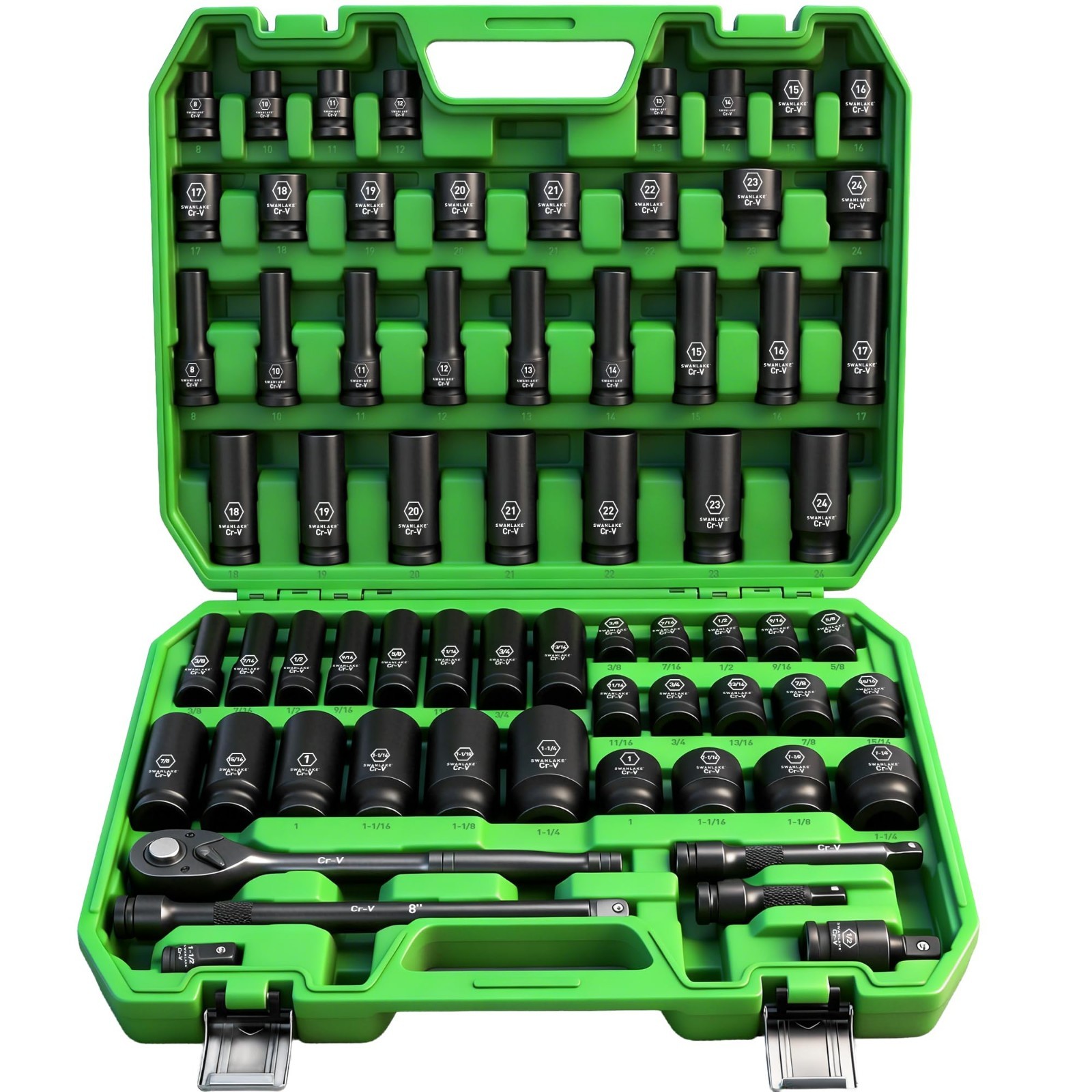 66-Piece Impact Socket Set, 1/2″ Drive, SAE & Metric, 6 Point, Cr-V, Ratchet & E