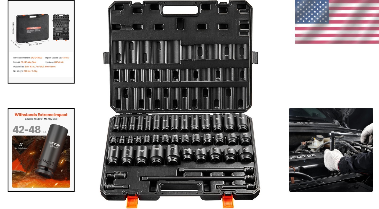 High Torque 43-Piece Impact Socket Set – Durable Cr-Mo Steel, Easy to Organize