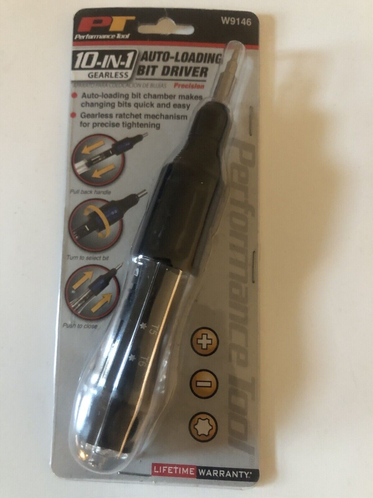 Brand New PERFORMANCE TOOL — 10-PIECE Gearless Auto-loading Bit Driver W9146