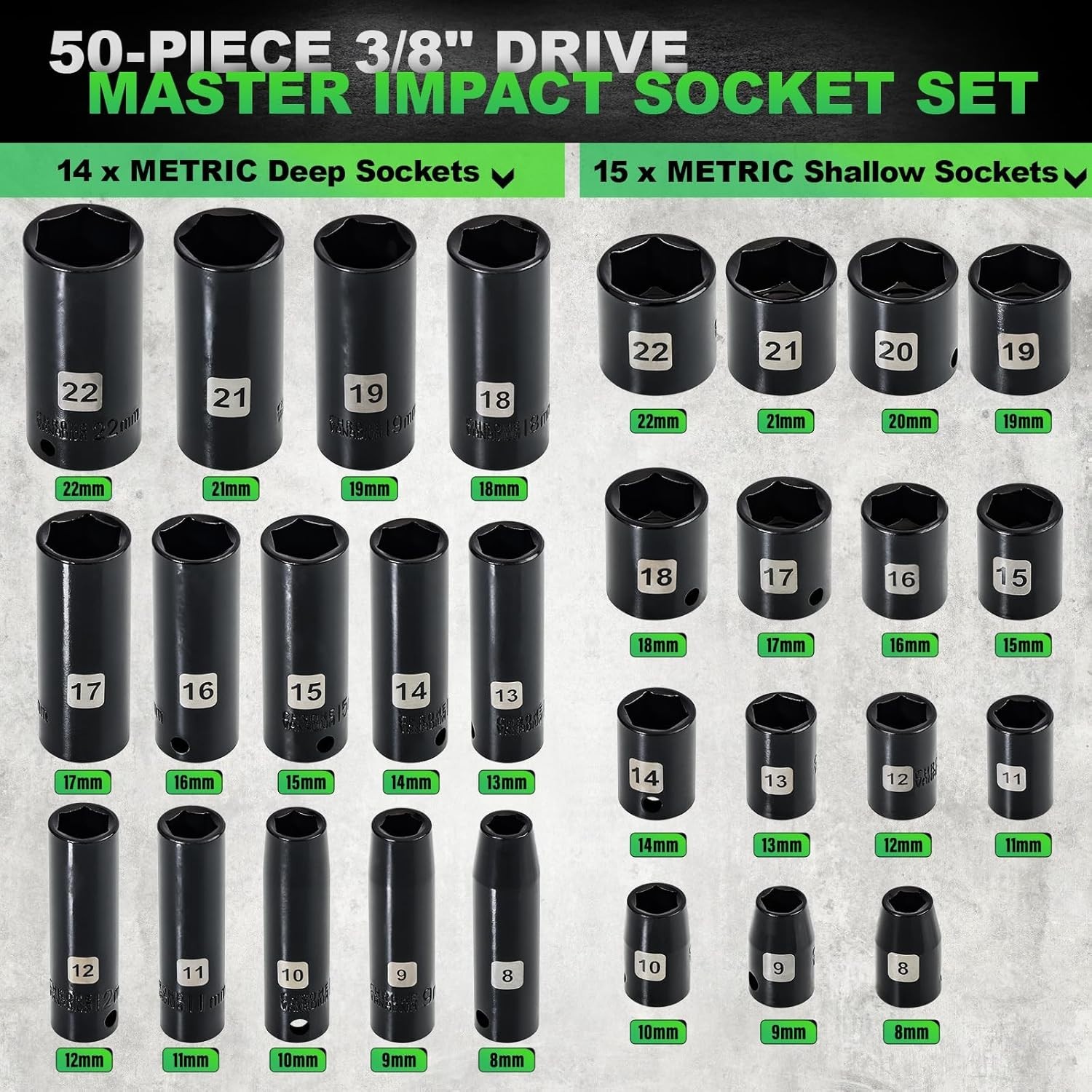 3/8″ Drive Impact Socket Set, 50 Piece Standard SAE 5/16 to 3/4 inch and Metr…