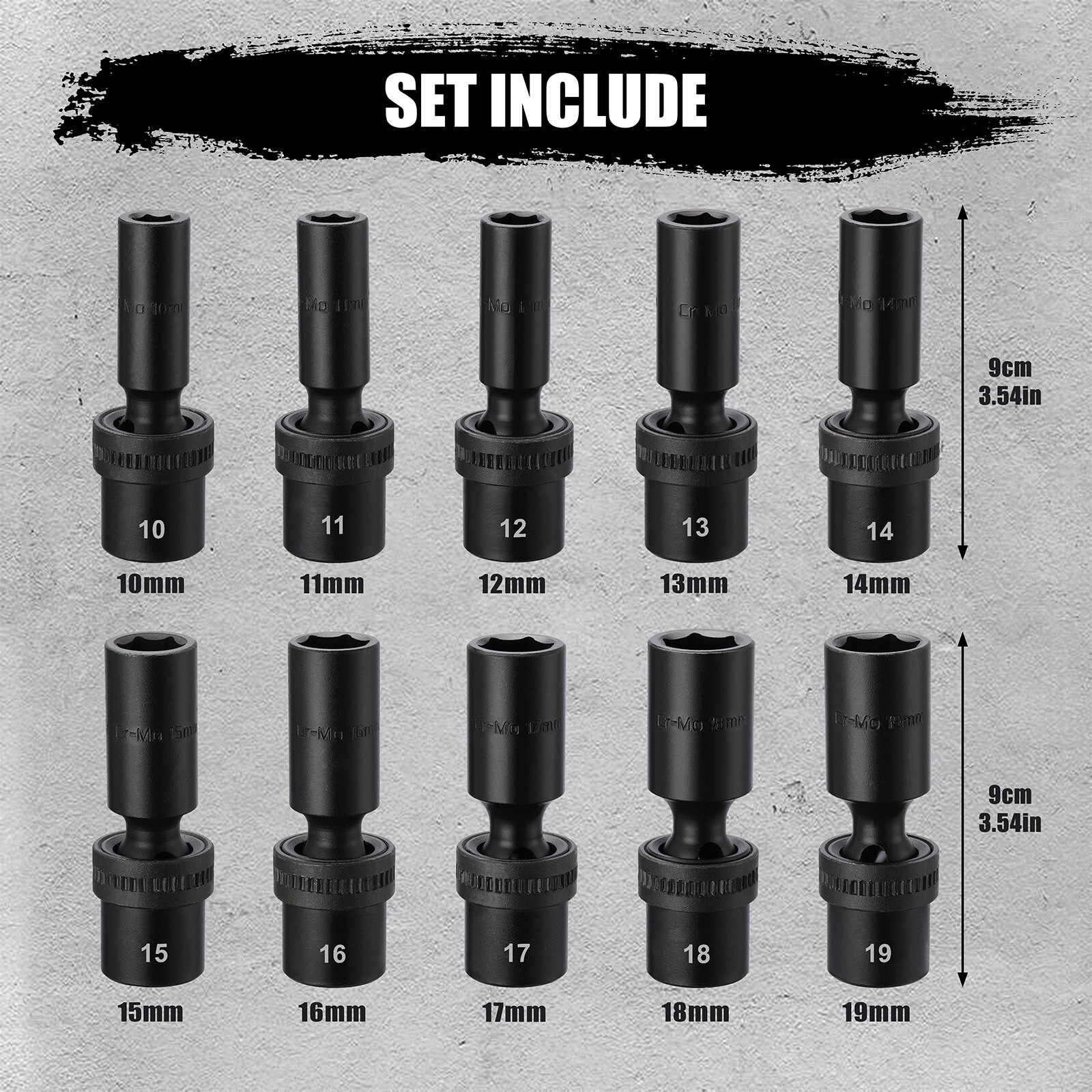 10 Piece 1/2″Drive 6 Point Universal Deep Impact Socket Set, Metric, 10mm – 19mm