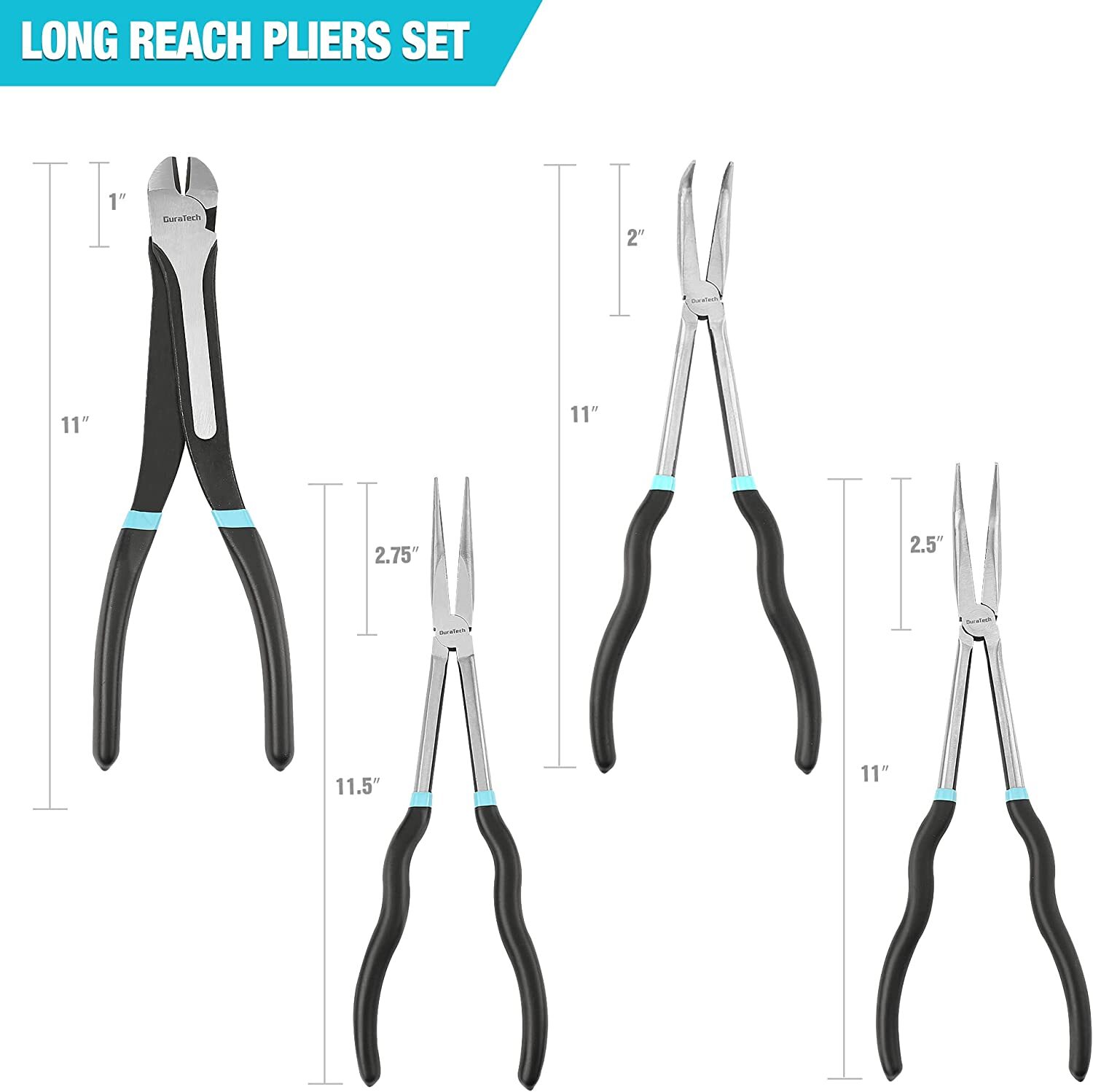 DURATECH 11″ Long Needle Nose Pliers 4PCS Set 45° 90° Long Reach Straight Pliers